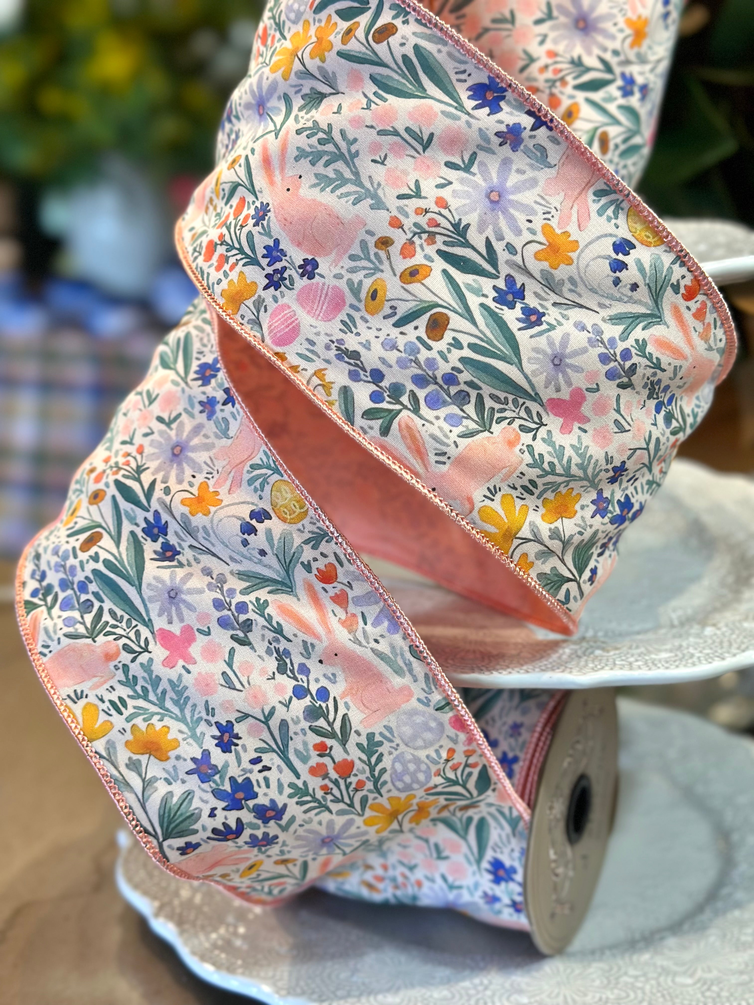 4" Wide, poplin watercolor floral bunny, cream peach blue