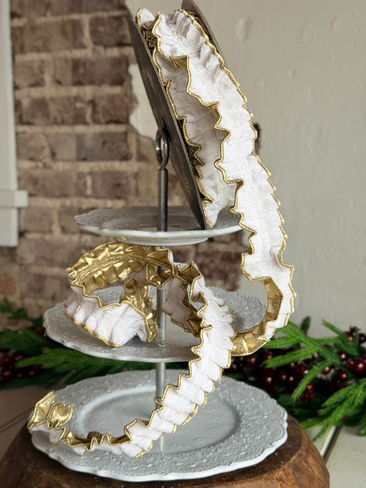 1.5” White Velvet Pleated Metallic Dupion, Sold by the yard