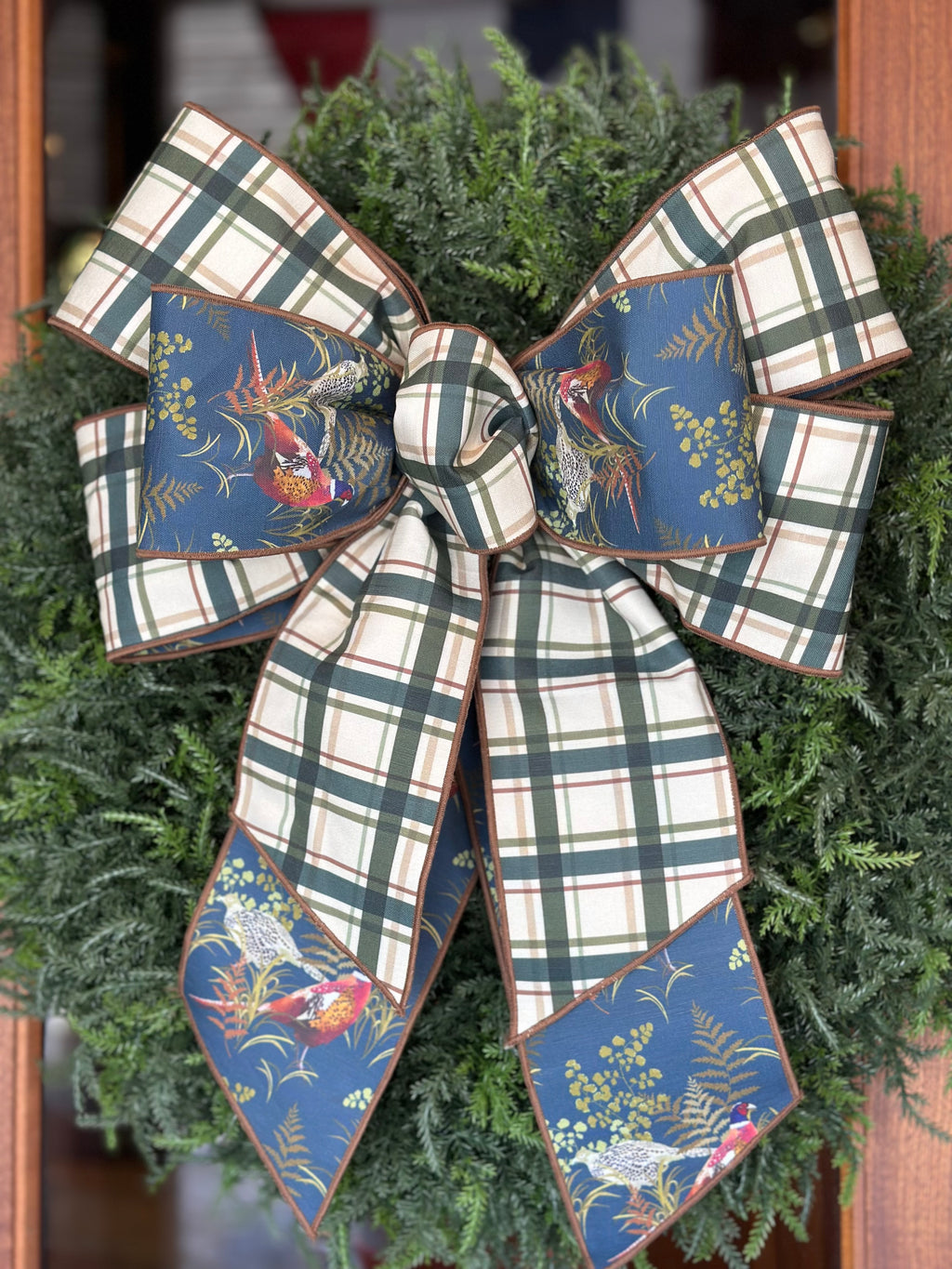 Pheasants and Plaid Bow with Cedar Wreath