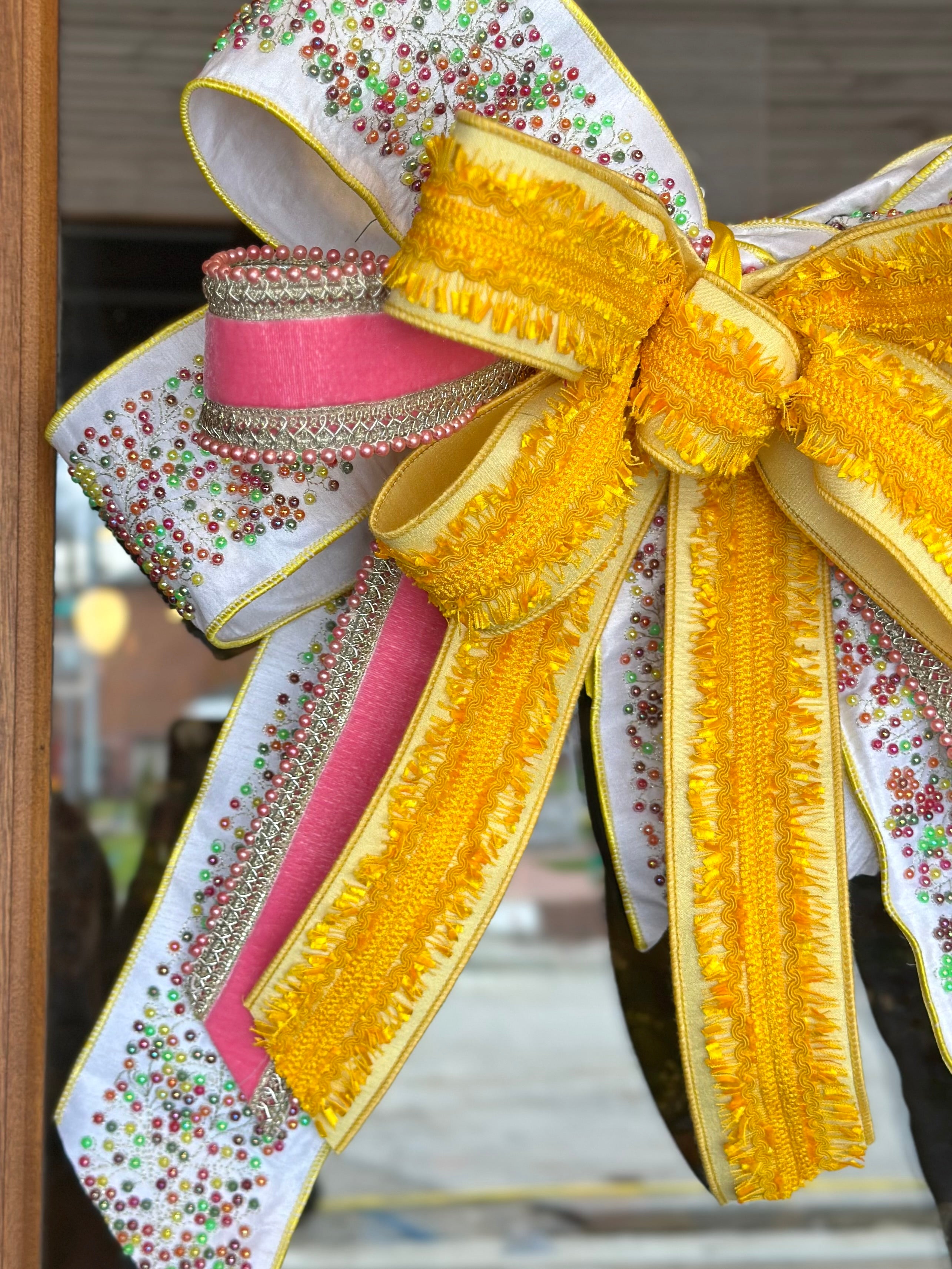 Yellow & Pink Beaded Oversized Bow