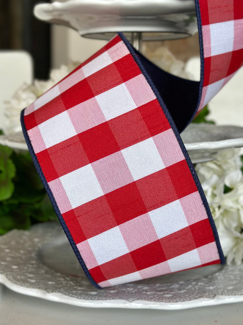 4" wide, Faux Dupioni Check Navy Blue Back, Red-White Ribbon
