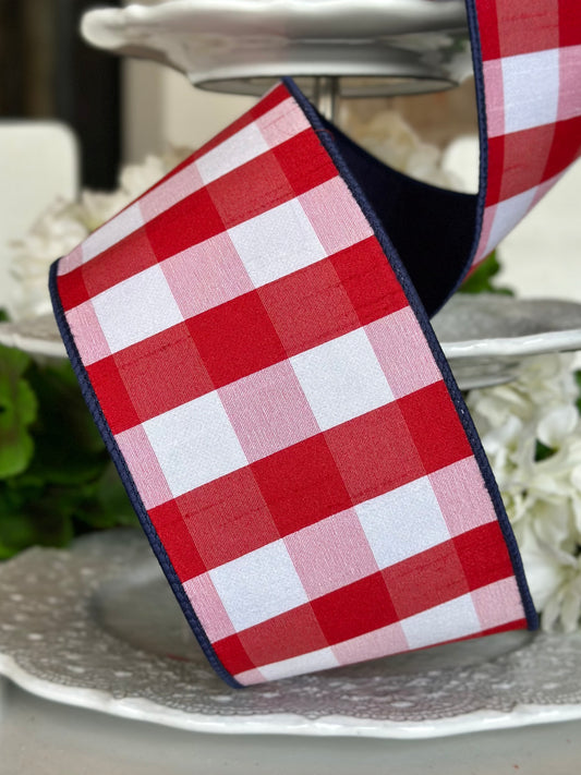 4" wide, Faux Dupioni Check Navy Blue Back, Red-White Ribbon