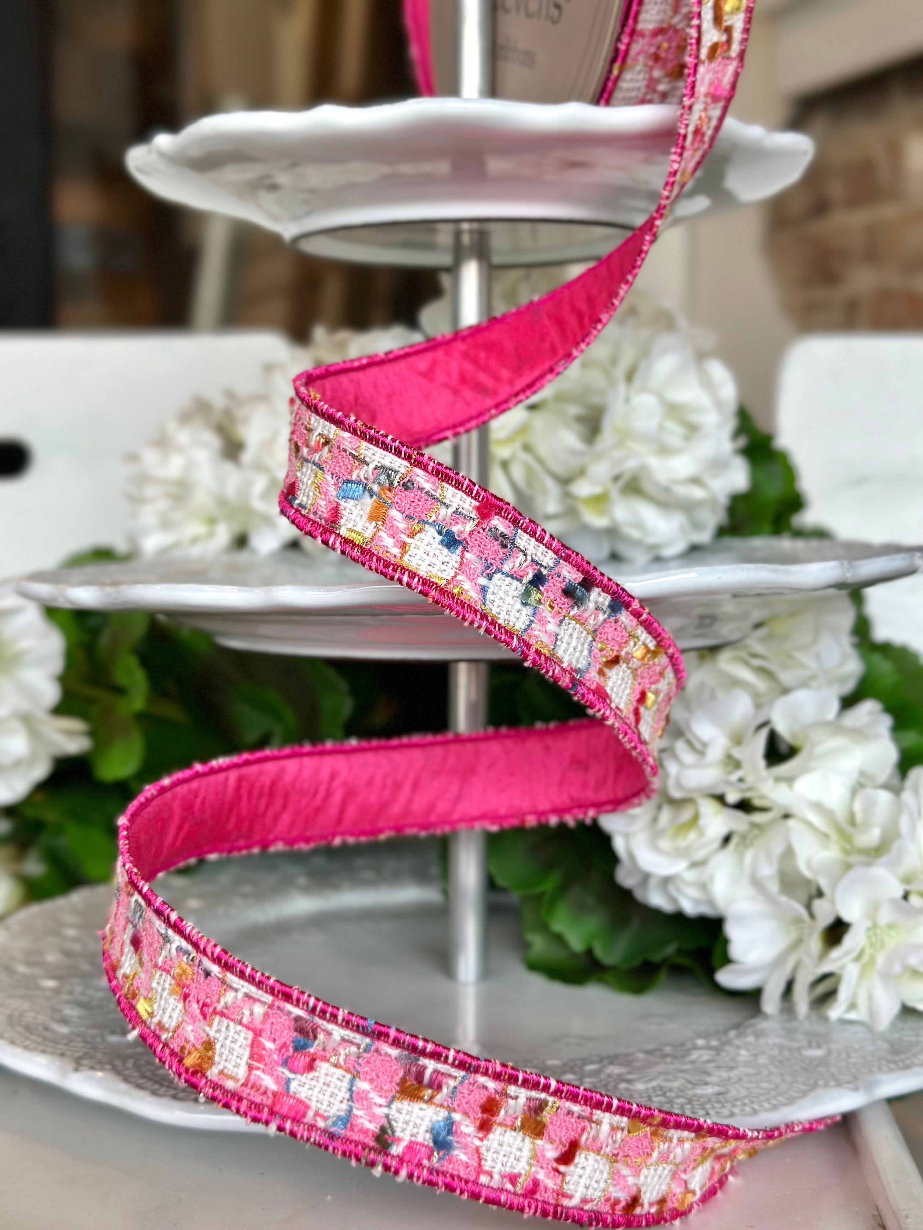 1” wide, boucle/dupion back, pink/gold/white