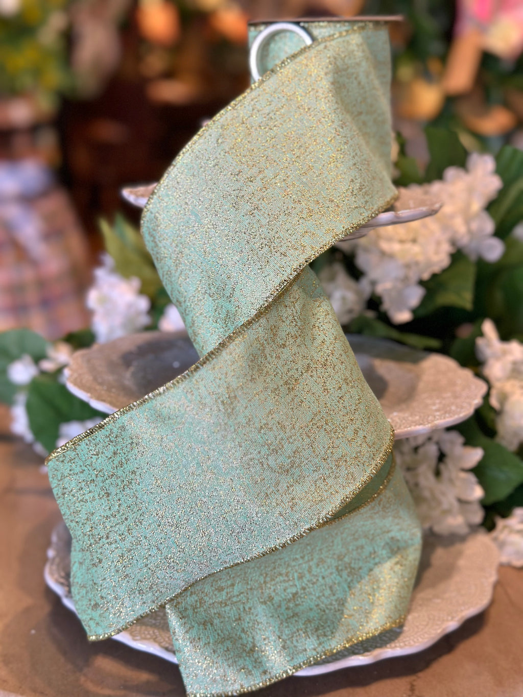 4" Wide, metallic jacquard, green gold