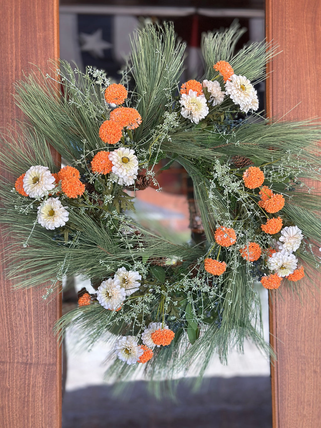 Zinnias and Orange Puffs Wreath