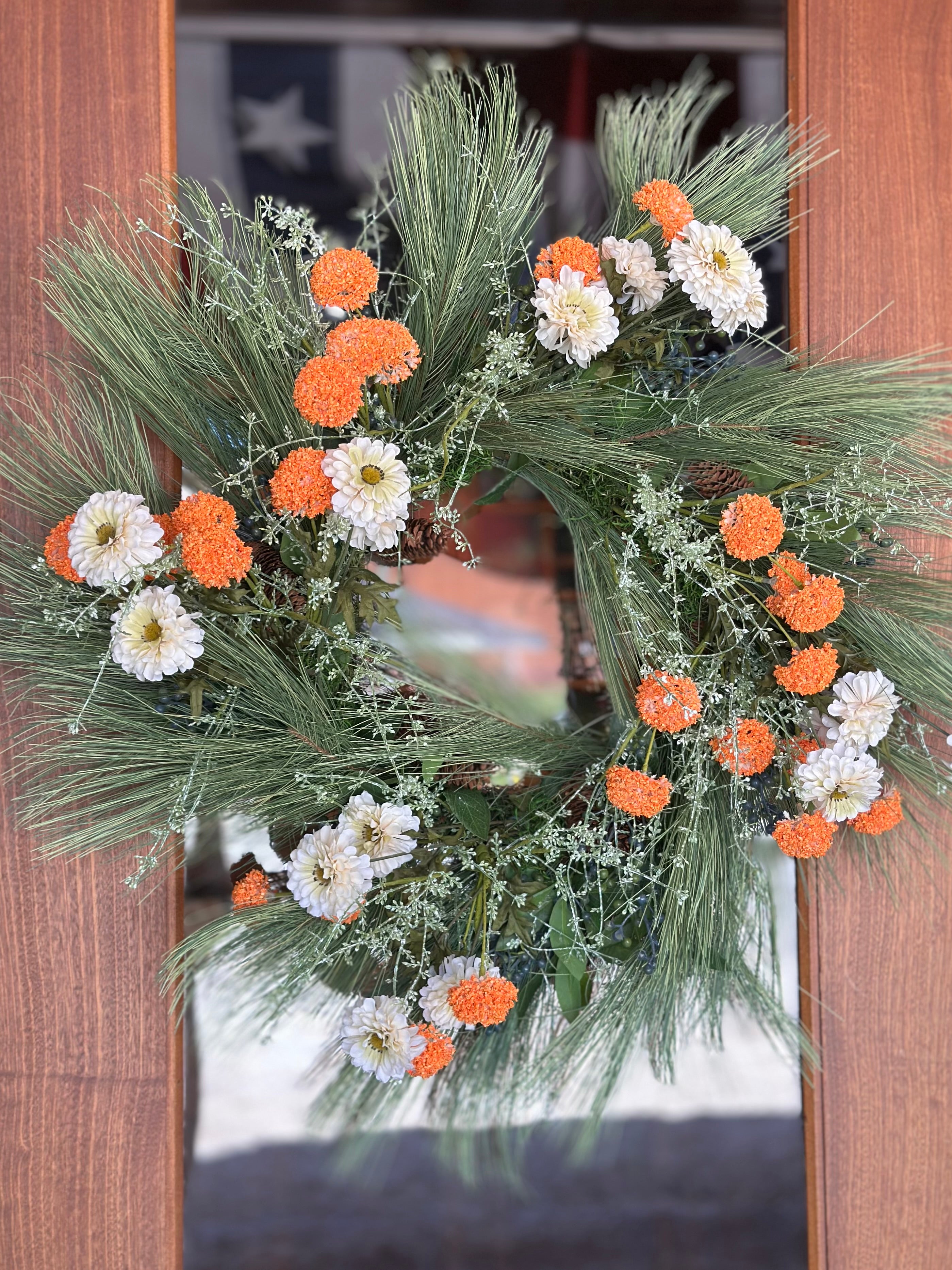 Zinnias and Orange Puffs Wreath