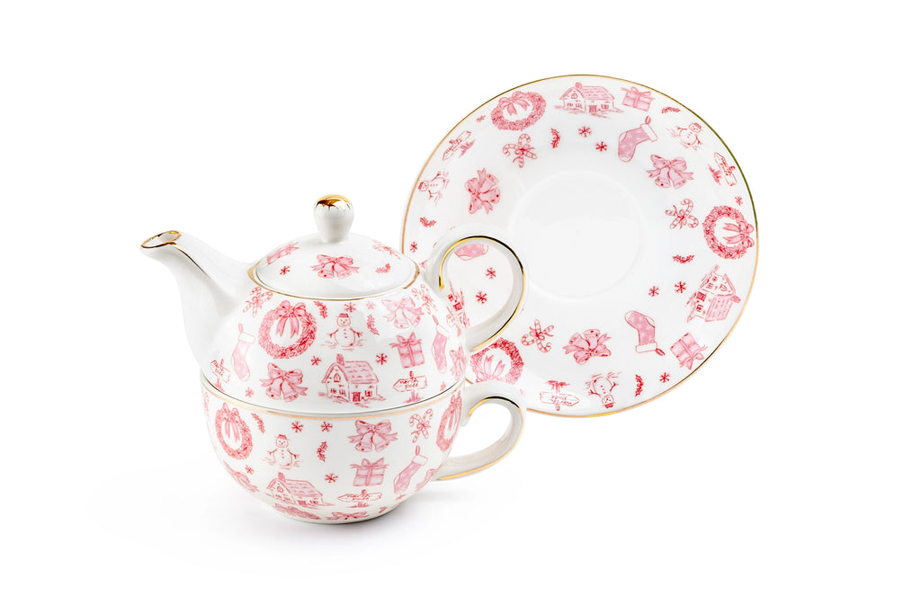 Christmas Pink Bow Fine Porcelain Tea For One Set