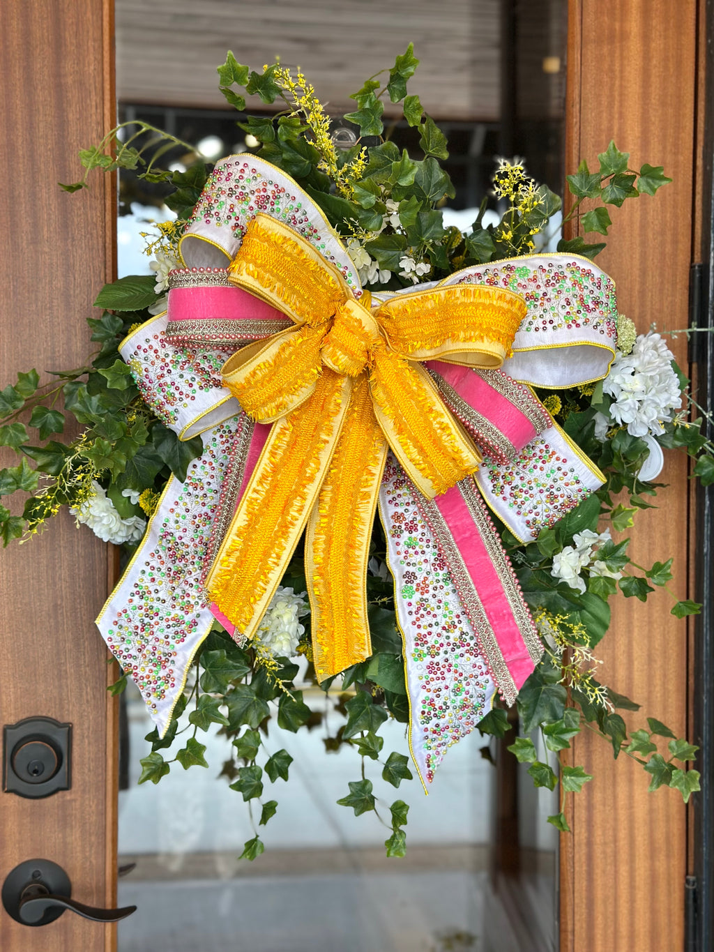Yellow & Pink Beaded Oversized Bow