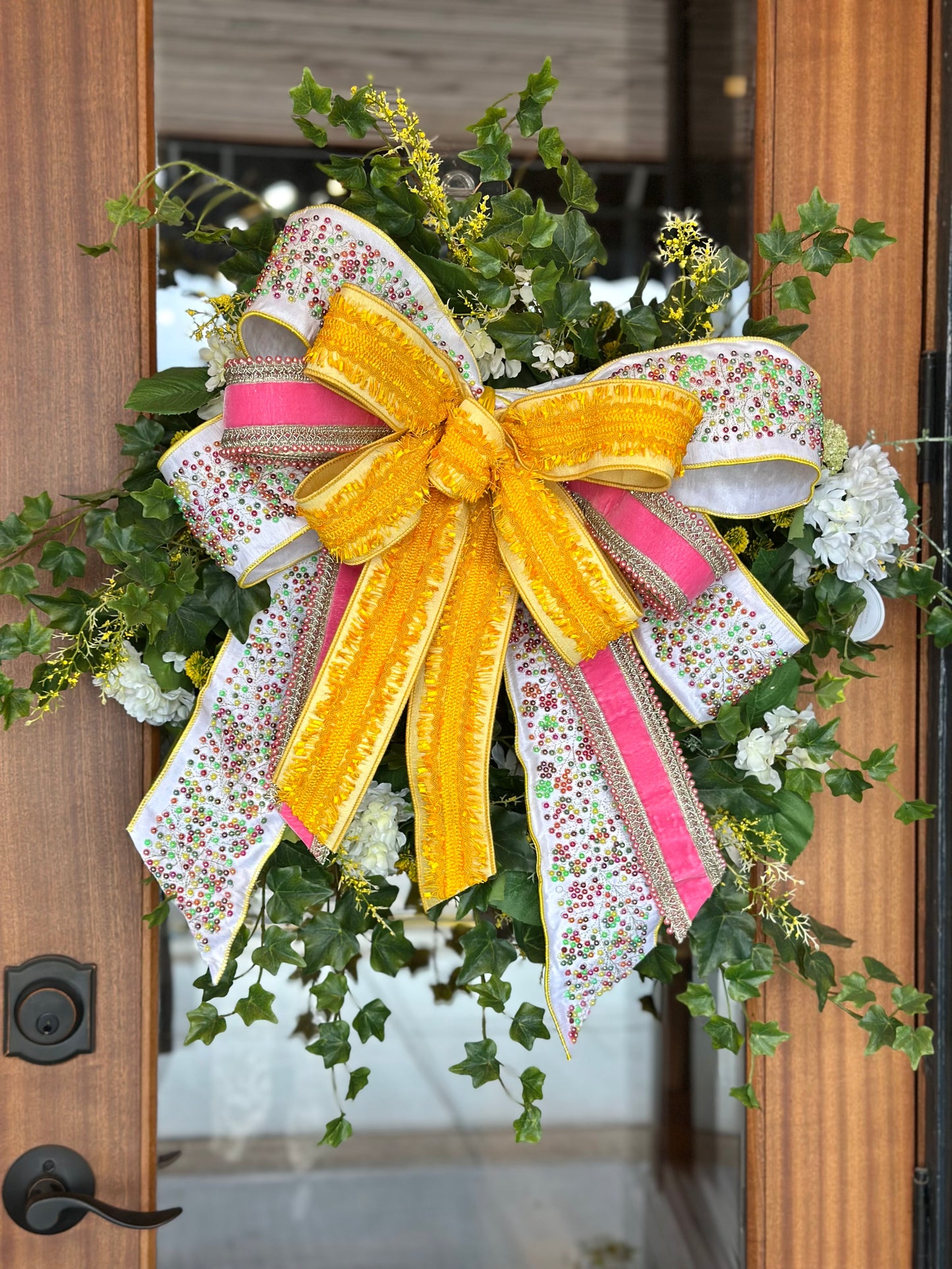 Yellow & Pink Beaded Oversized Bow
