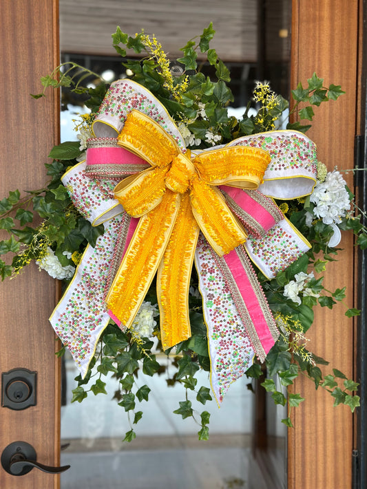 Yellow & Pink Beaded Oversized Bow