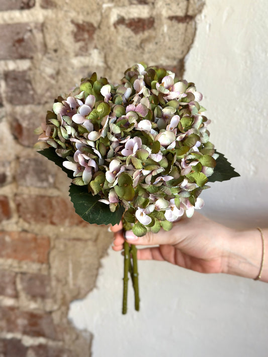 13" Vintage Hydrangea Bouquet- Moss/Green