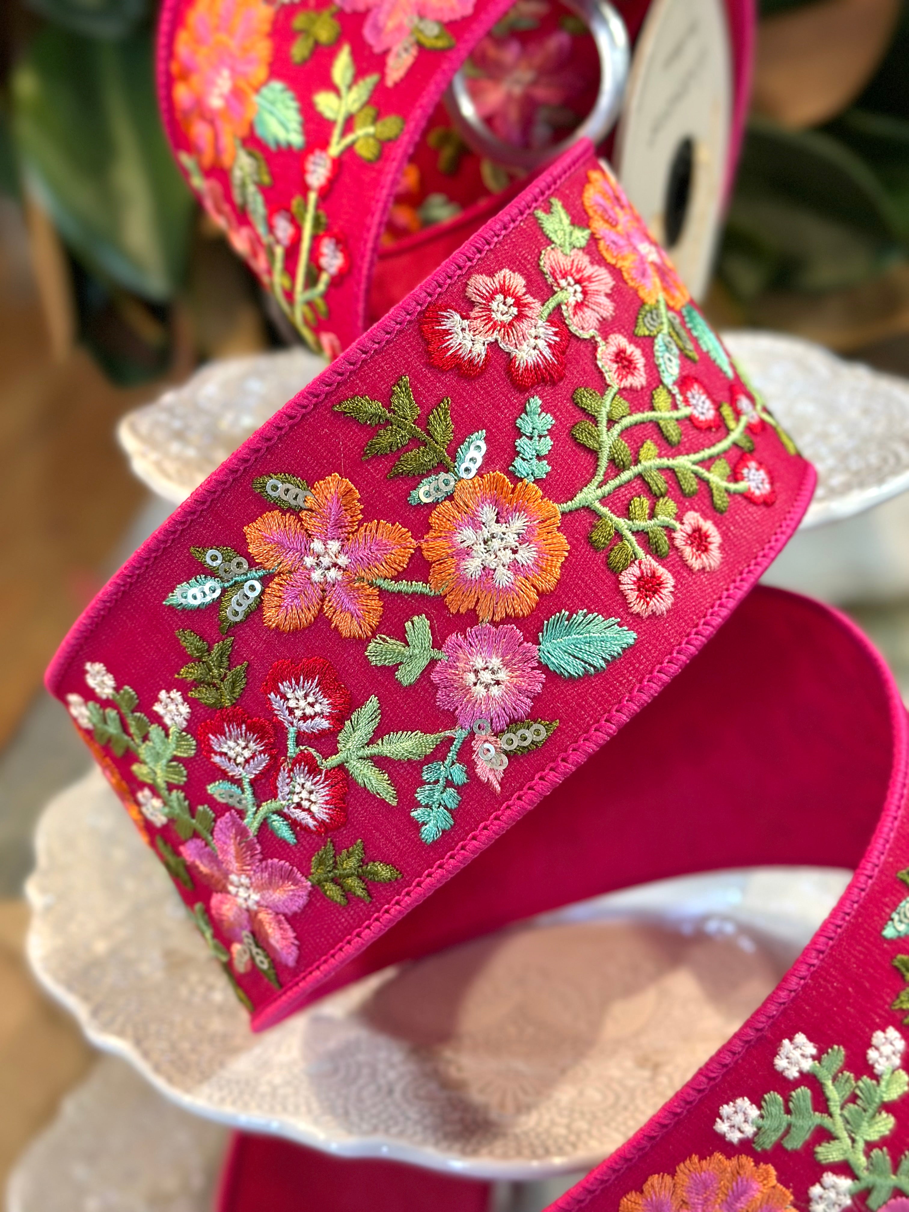 3" Wide, Sheer Embroidery Colorful Floral- Hot Pink Green Orange