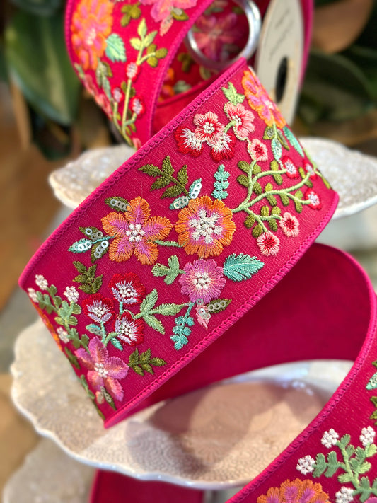 3" Wide, Sheer Embroidery Colorful Floral- Hot Pink Green Orange