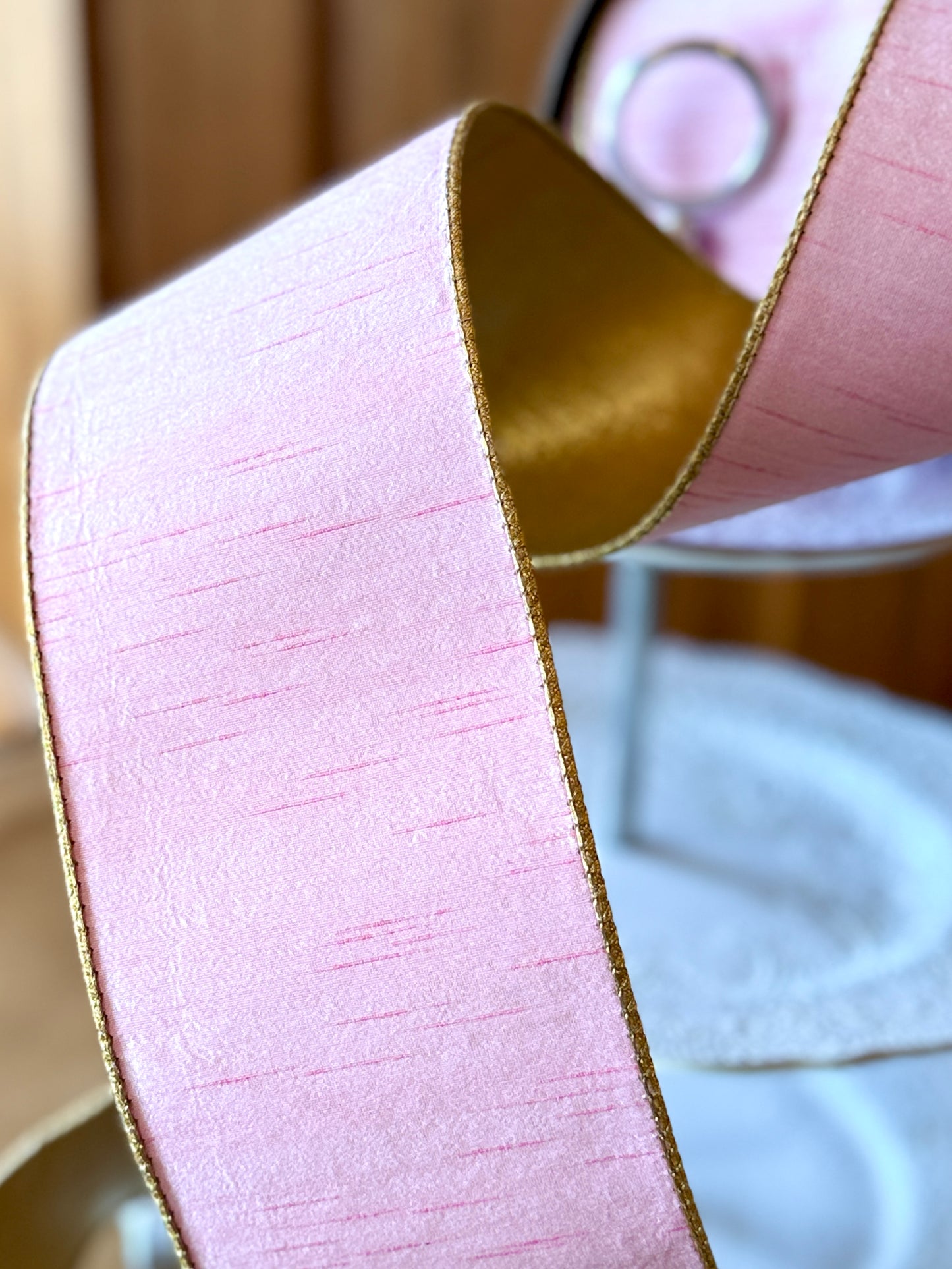 4" Wide, slub dupion metallic gold back, light pink.