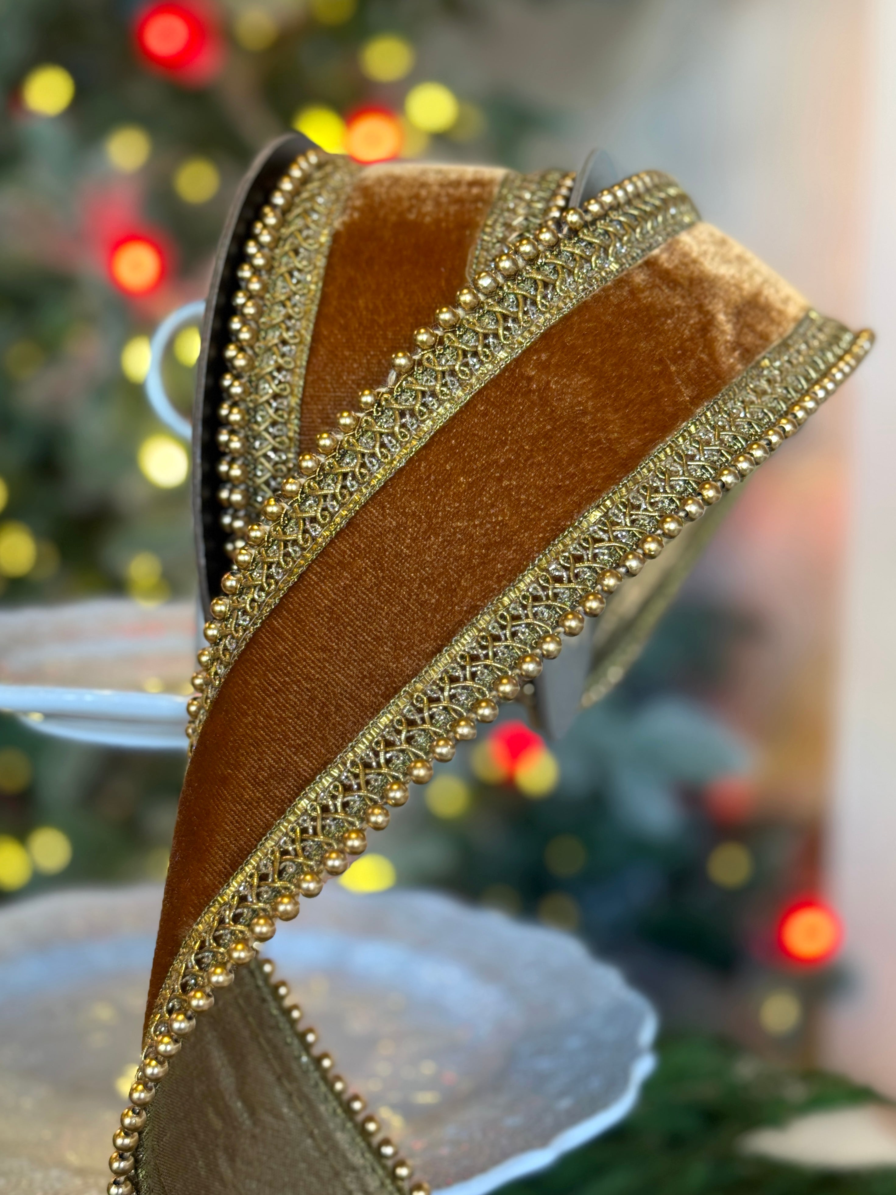 2.5" Velvet Antique Gold Bead Trim, Walnut