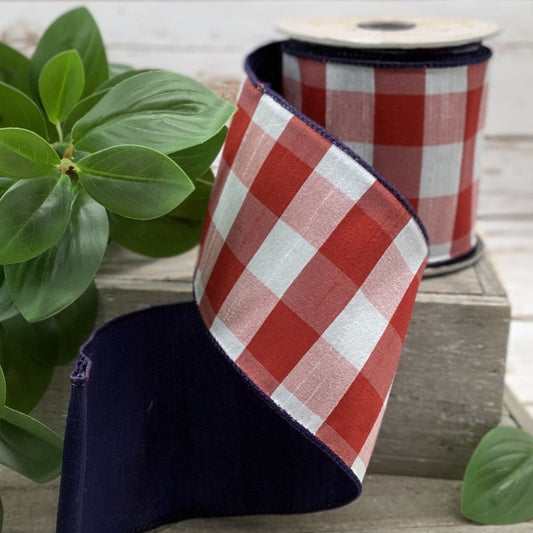 Faux Dupioni Check Navy Blue Back, Red-White Ribbon