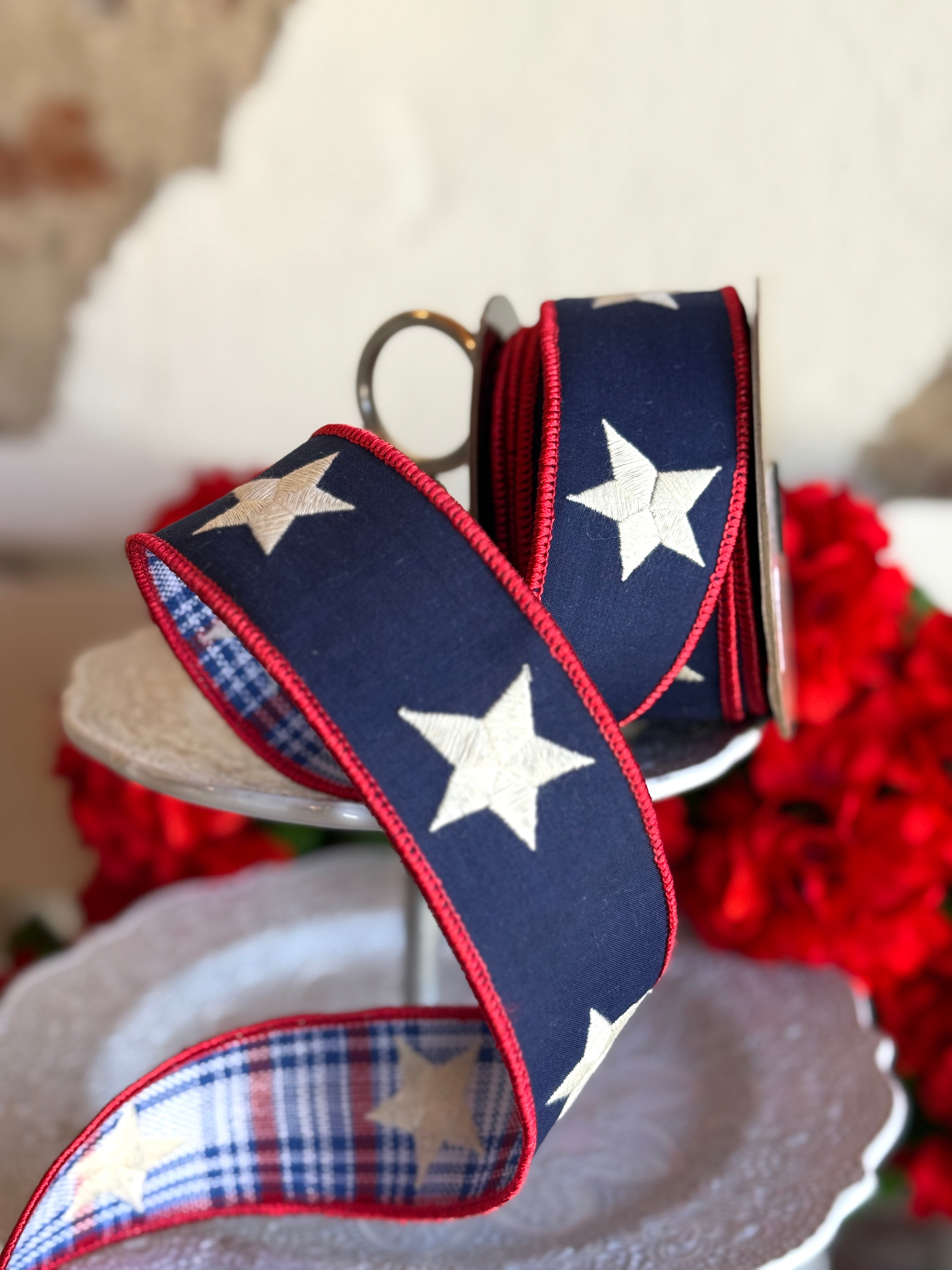 2" Taffeta Embroidery Ivory Stars Plaid Backing, Red White Blue - 250