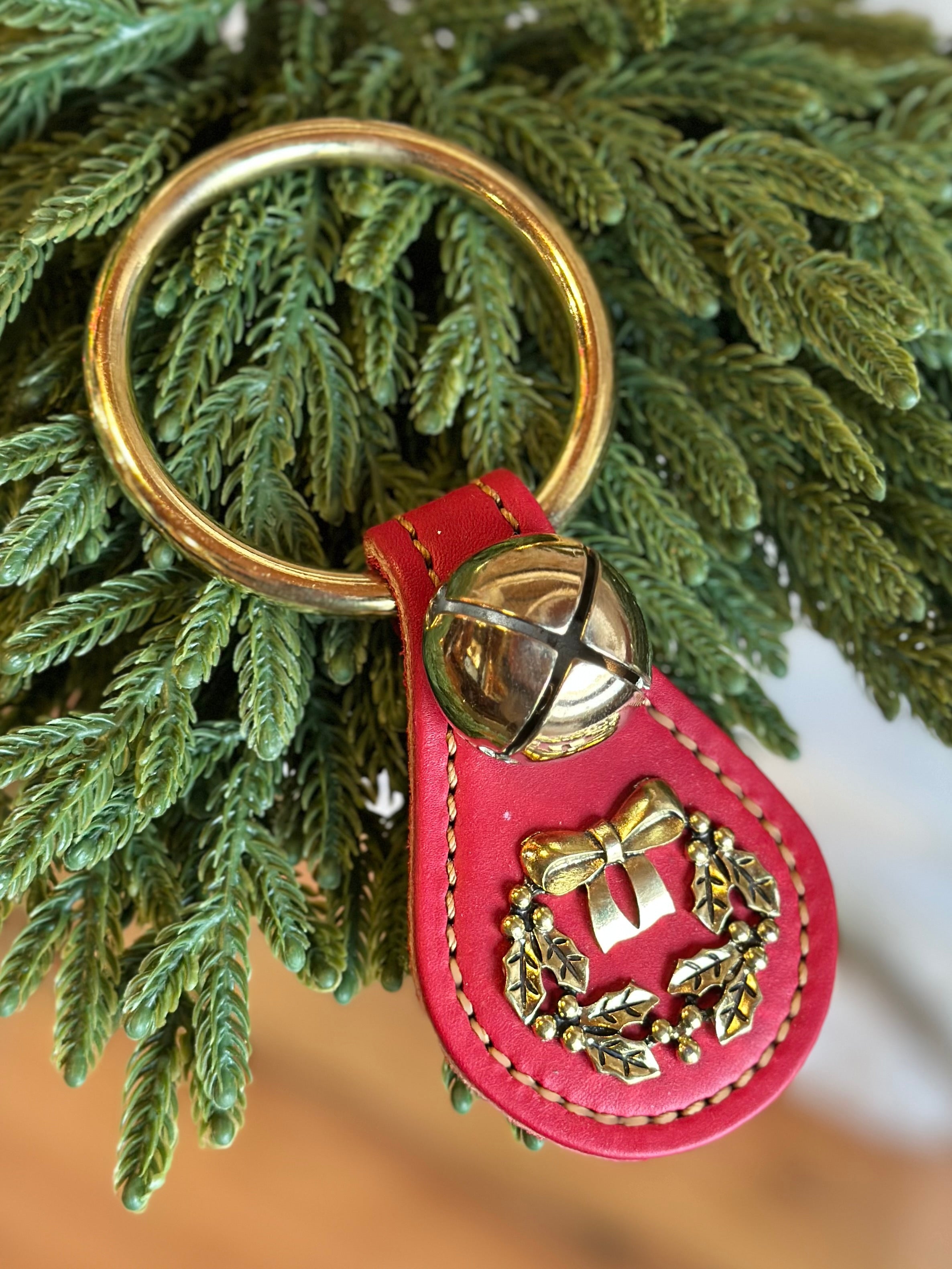 Christmas Wreath with Single Brass Bell on Ring- Red Leather