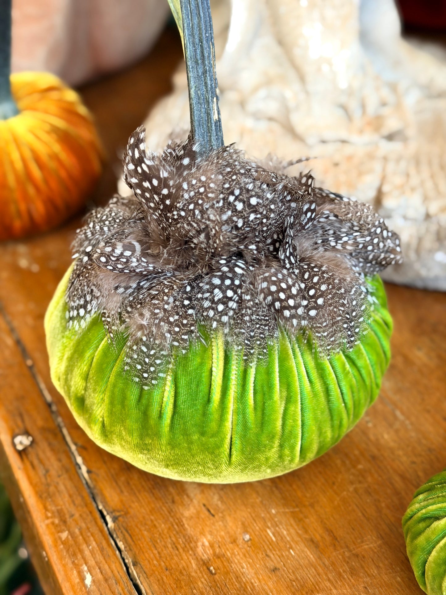 5" Chartreuse Velvet Pumpkin with Guinea Feather Collar