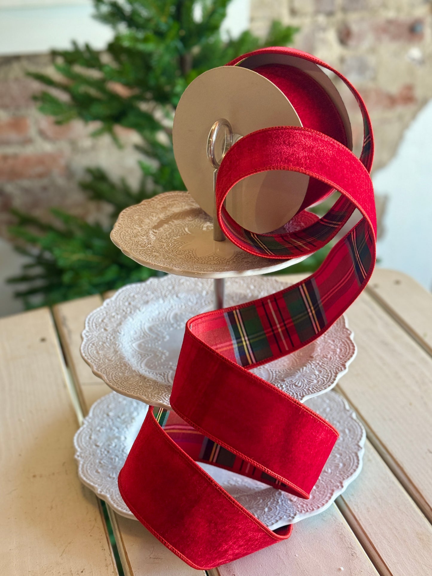 2.5" VELVET W/PLAID BACKING RIBBON -SOLD BY THE YARD