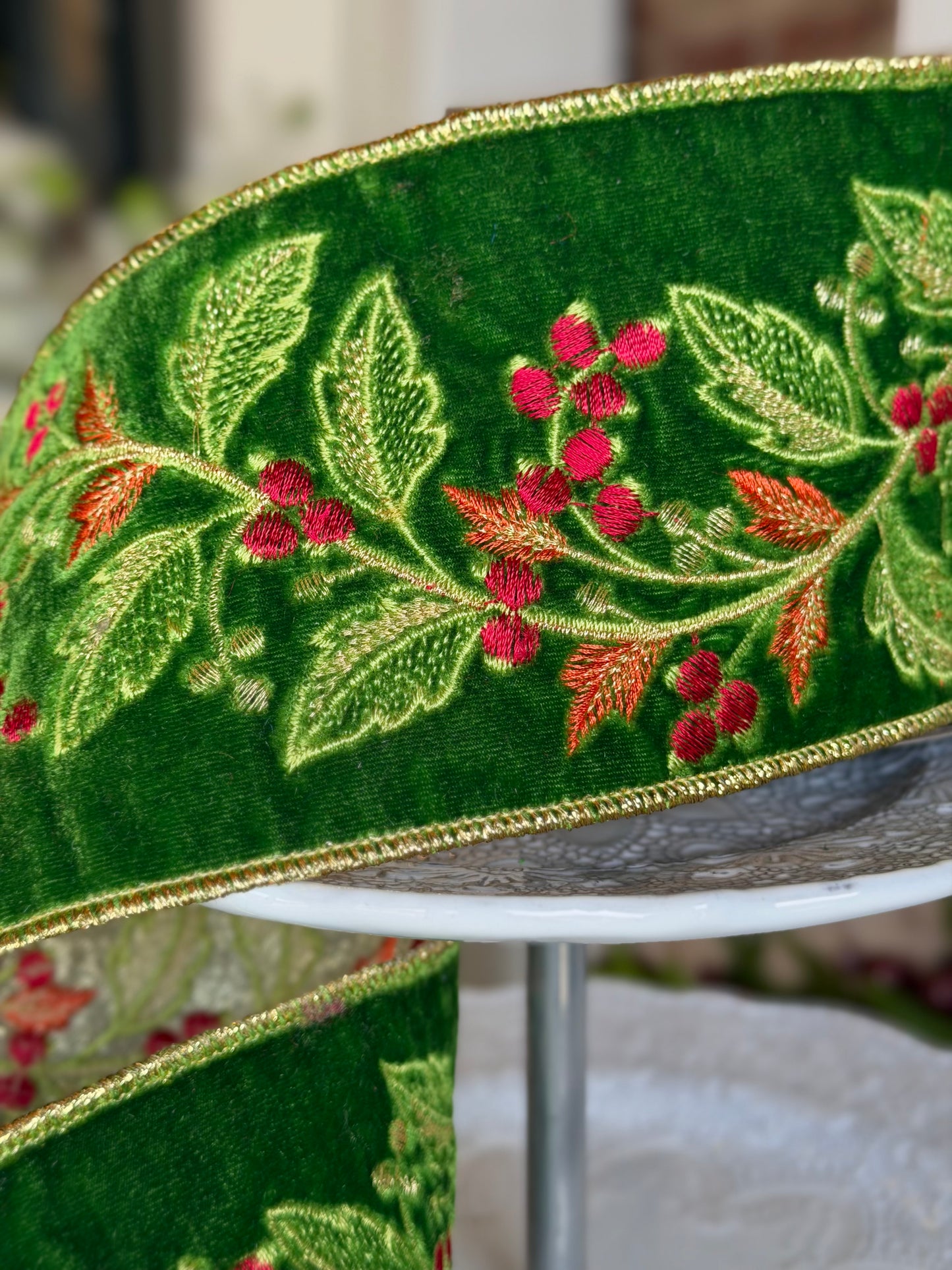 4” Green Velvet and Holly Ribbon