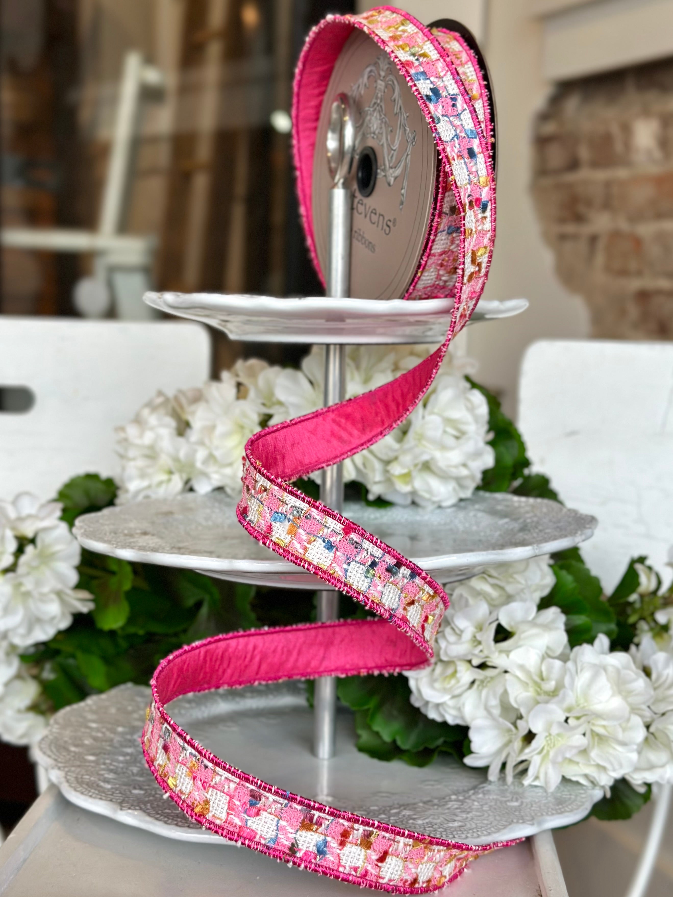 1” wide, boucle/dupion back, pink/gold/white