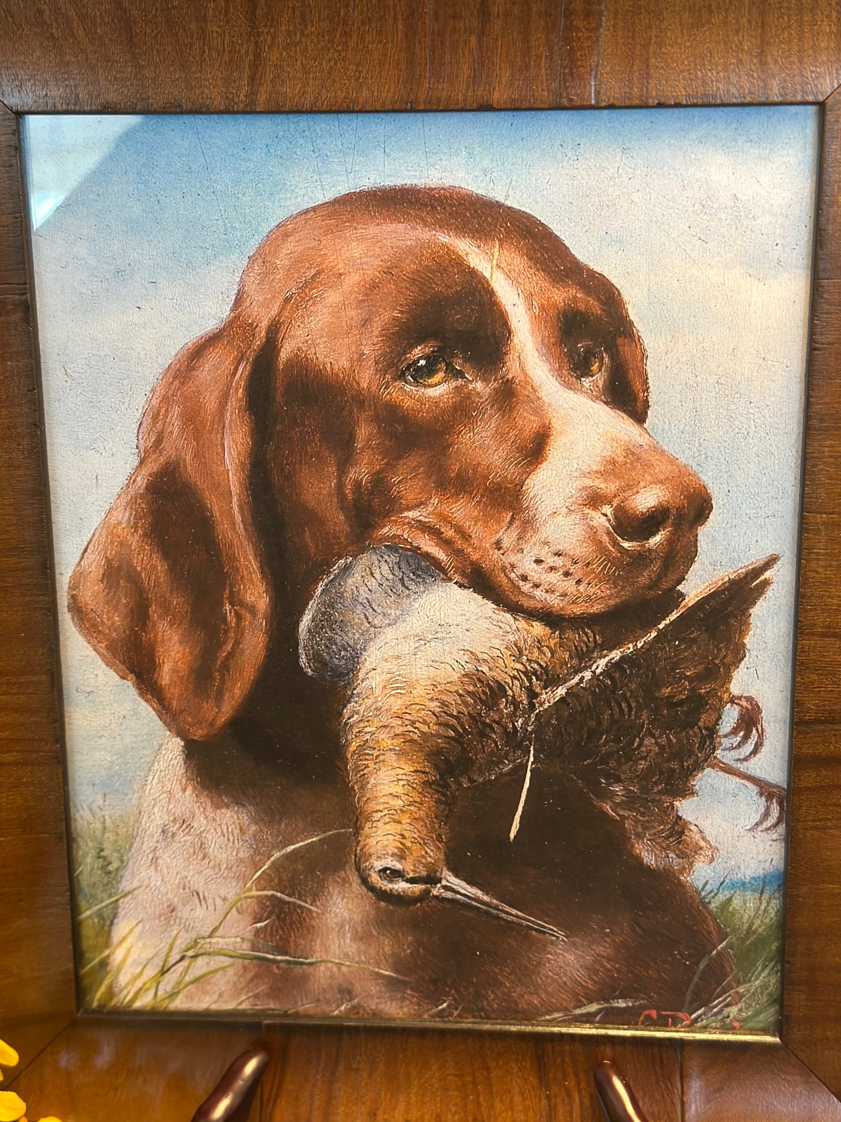Framed Vintage Dog and Bird Oil Painting Reproduction