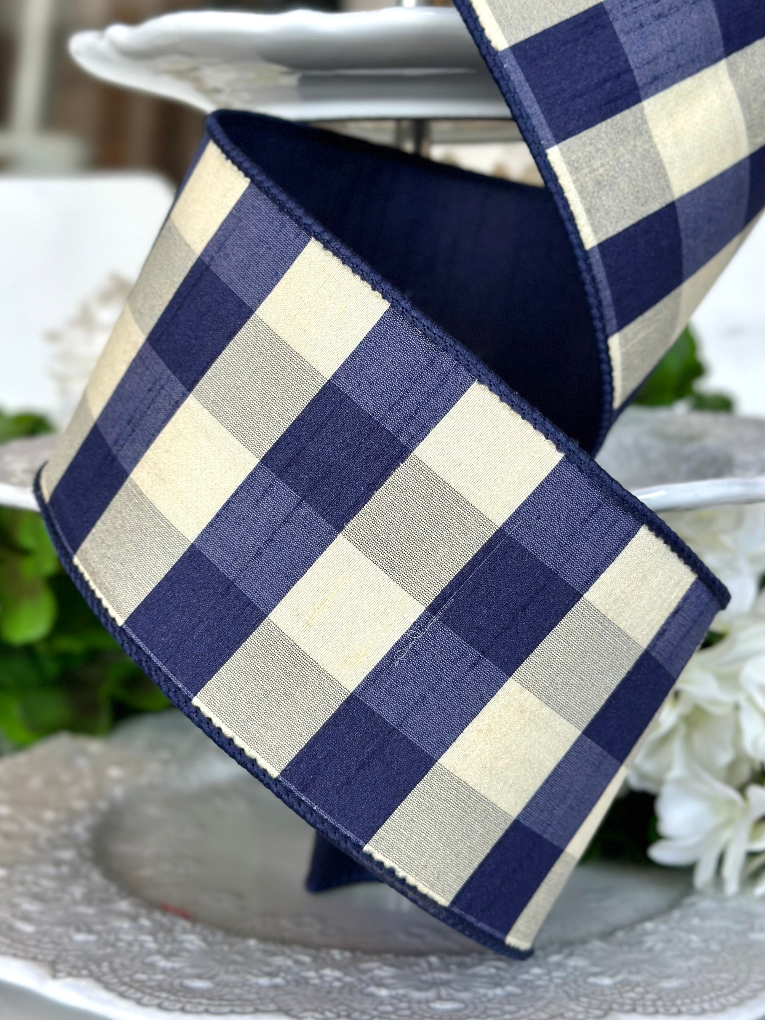 4" wide, dupion check, navy dupion back, navy-cream