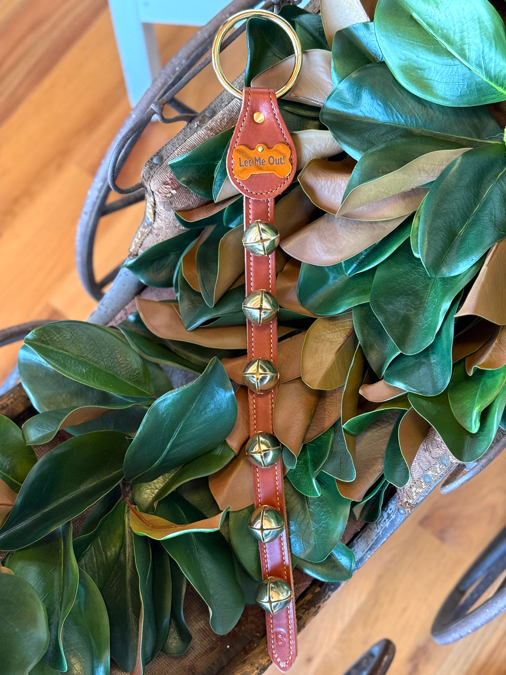 Belsnickel - 22” “Let Me Out!” Brass-Plated Bell Strap W/ Dog Bone Charm, Chestnut Leather