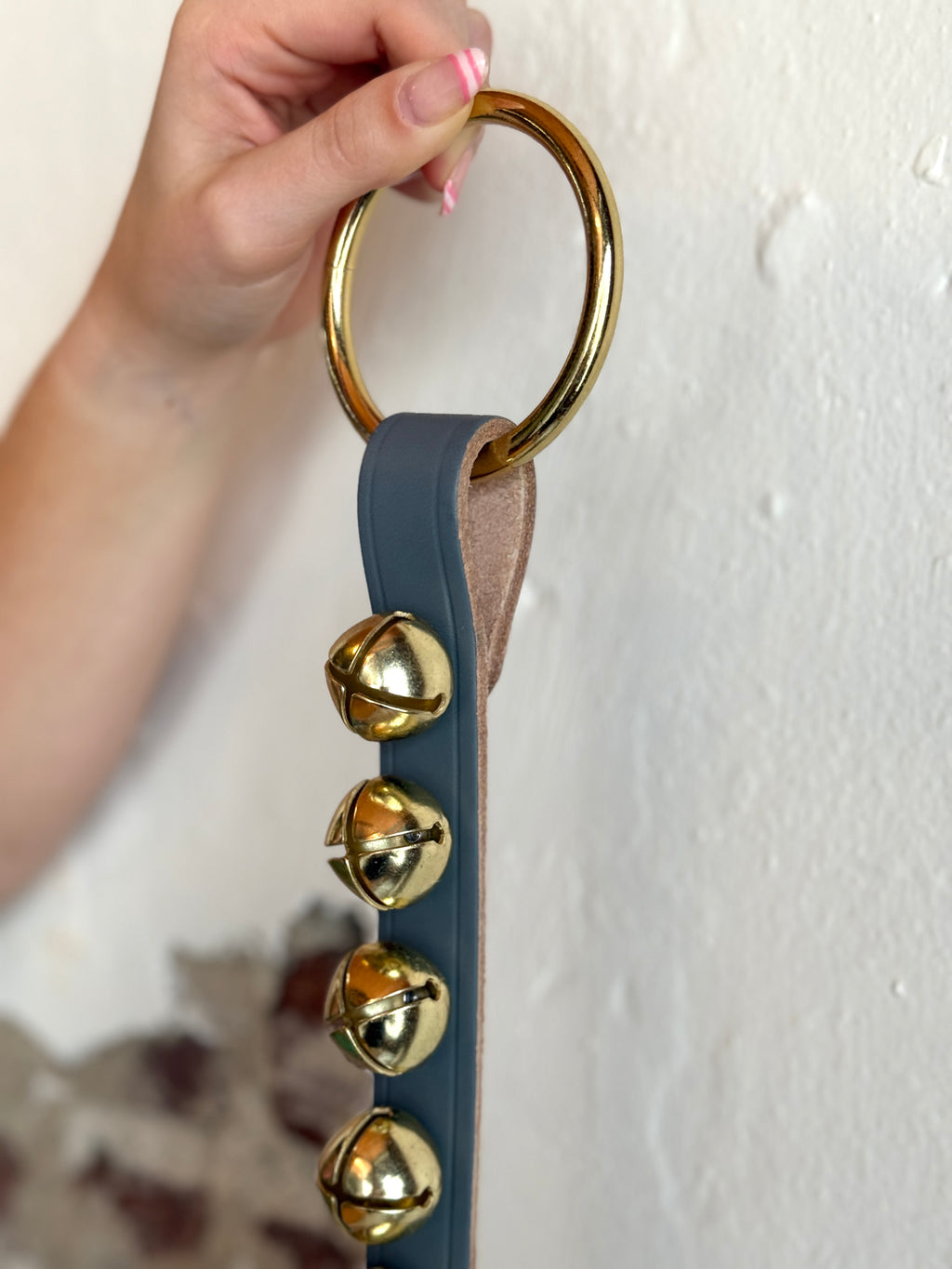 Belsnickel - 24” Narrow Brass-Plated Bells Strap, Grey Leather