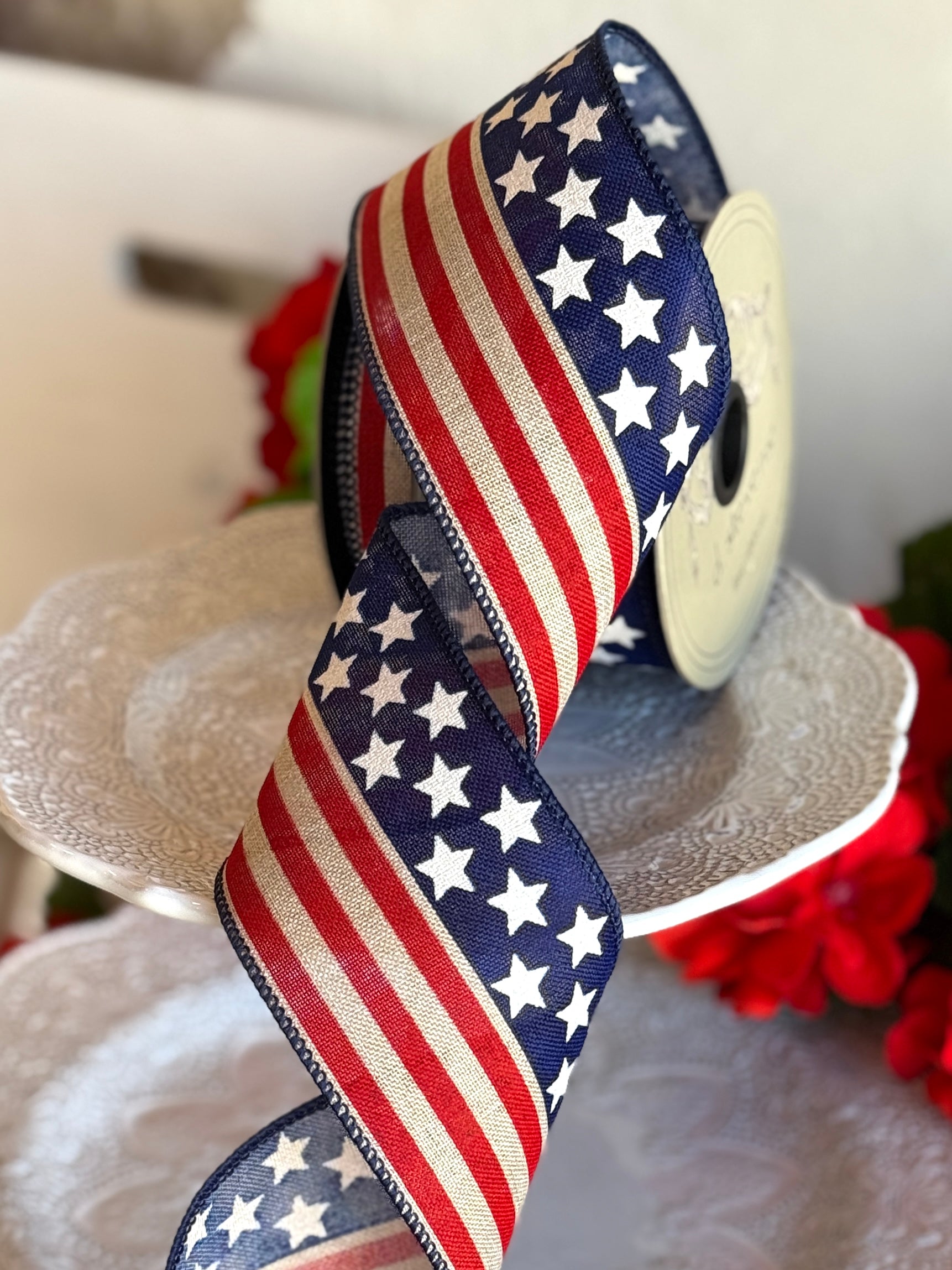 2.5" faux linen american flag, red natural blue