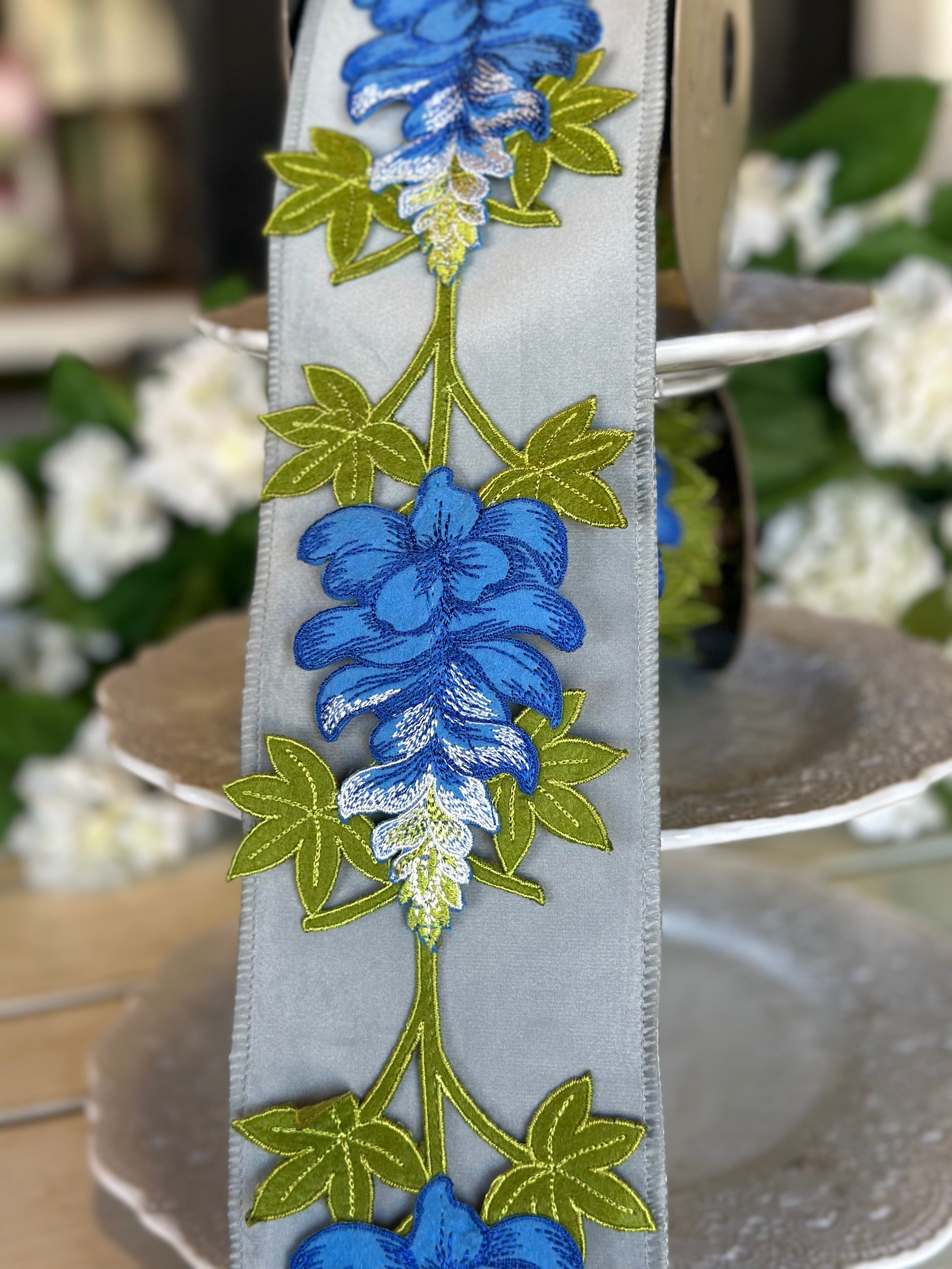 4" Wide, felt embroidery texas bluebonnets, blue green