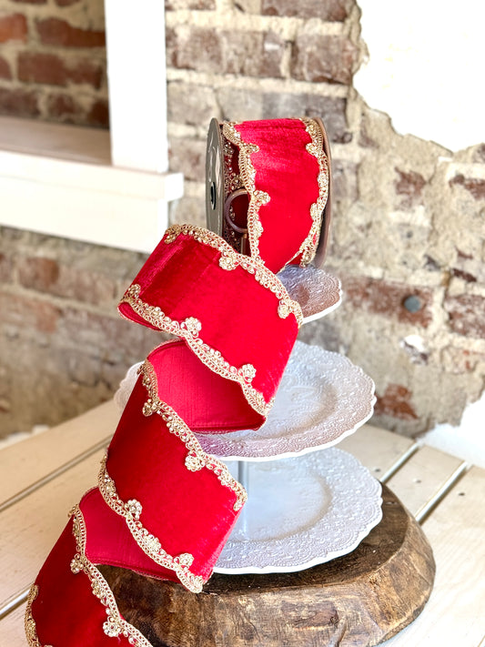 4” Red Scalloped Velvet Ribbon
