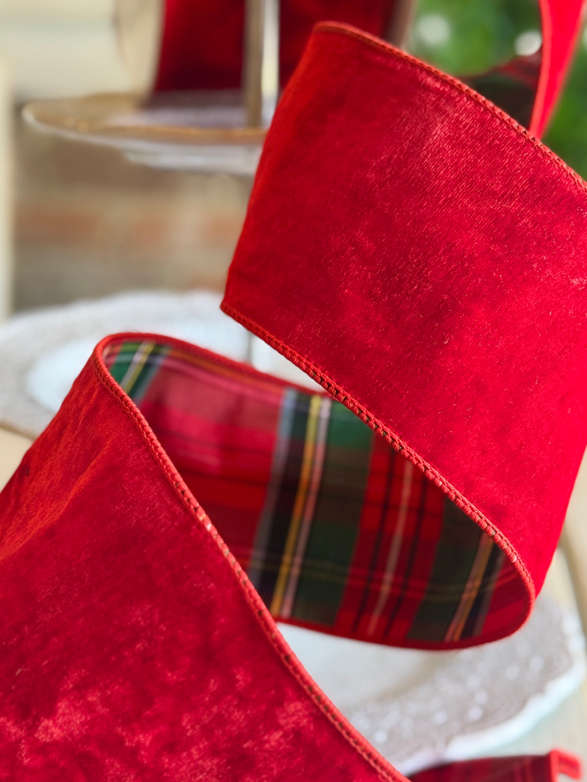4” VELVET W/PLAID BACKING RIBBON -SOLD BY THE YARD