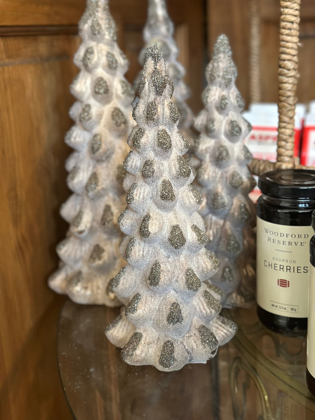 9.5" Glass Table Tree - Antique Brown & Silver Glitter