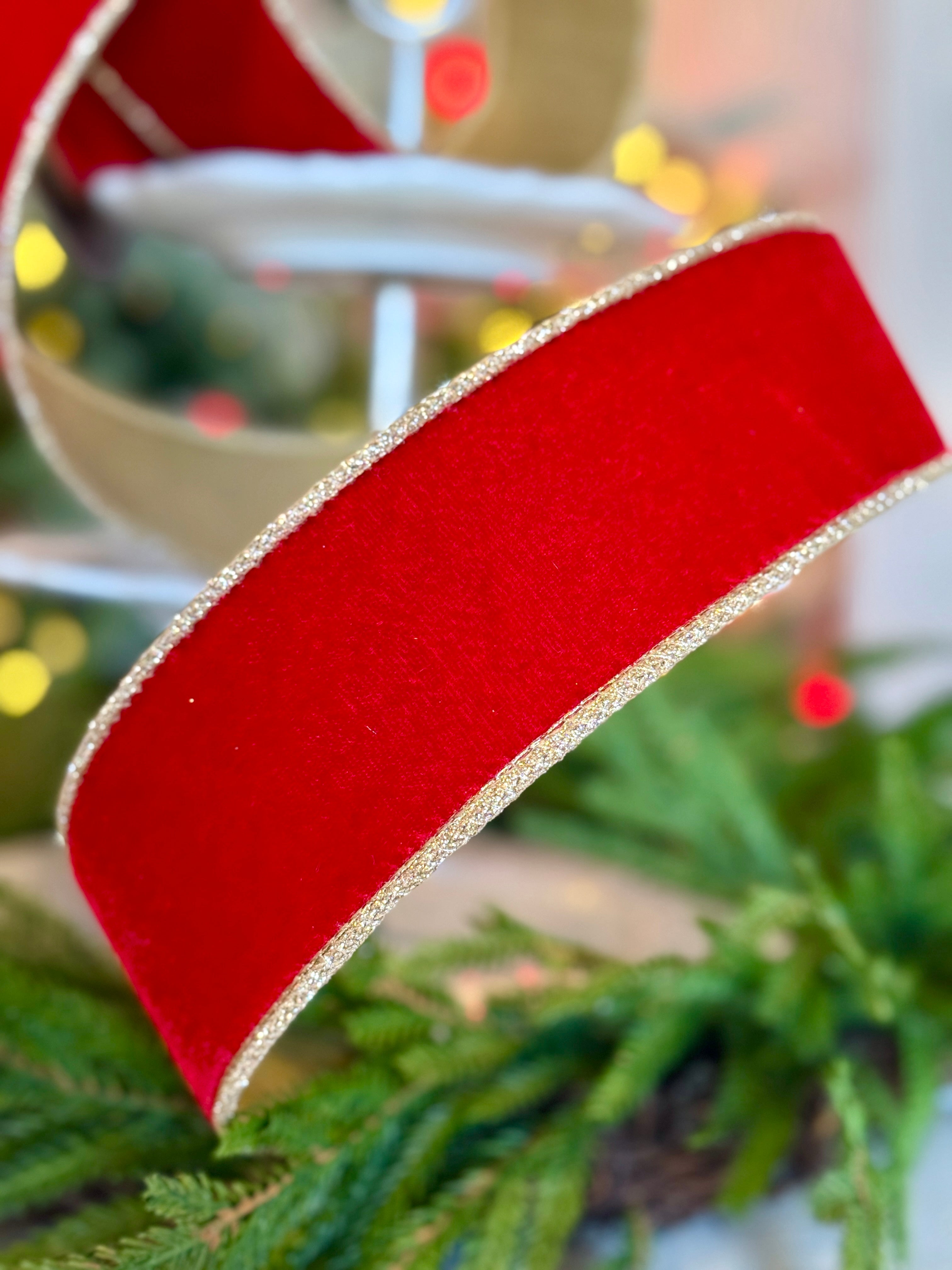 2.5" Velvet Glitter Gold Trim, Red