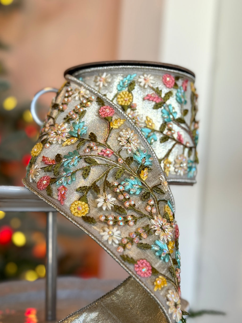 3.75" Wide metallic dupion jewel floral applique, platinum pink blue