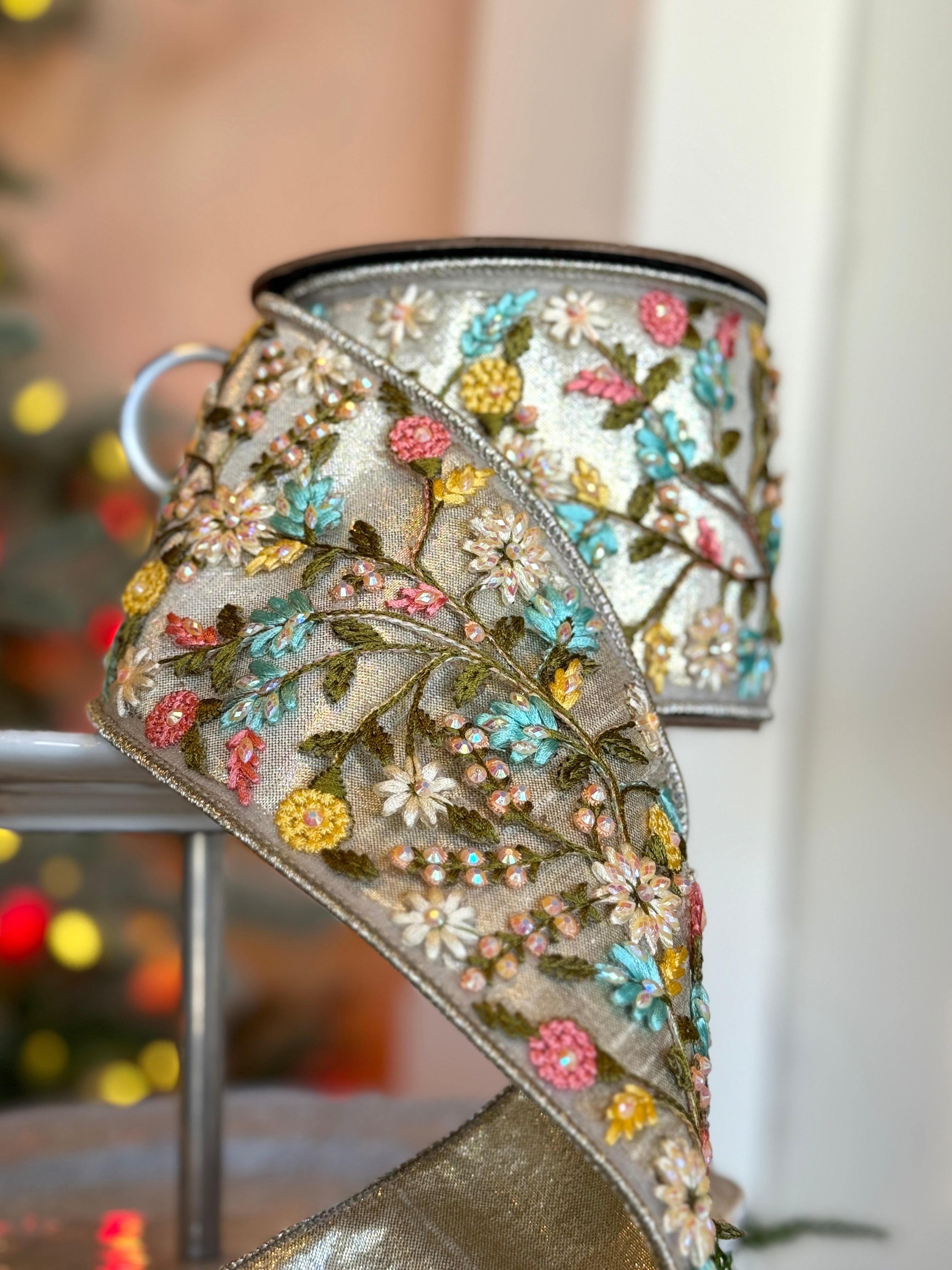 3.75" Wide metallic dupion jewel floral applique, platinum pink blue