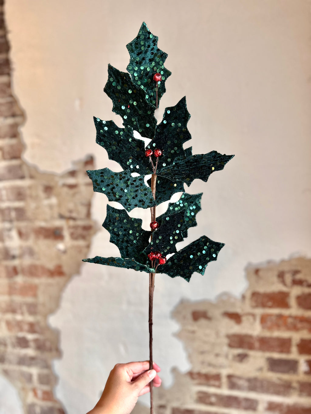 28” Metallic Sequin Holly Spray