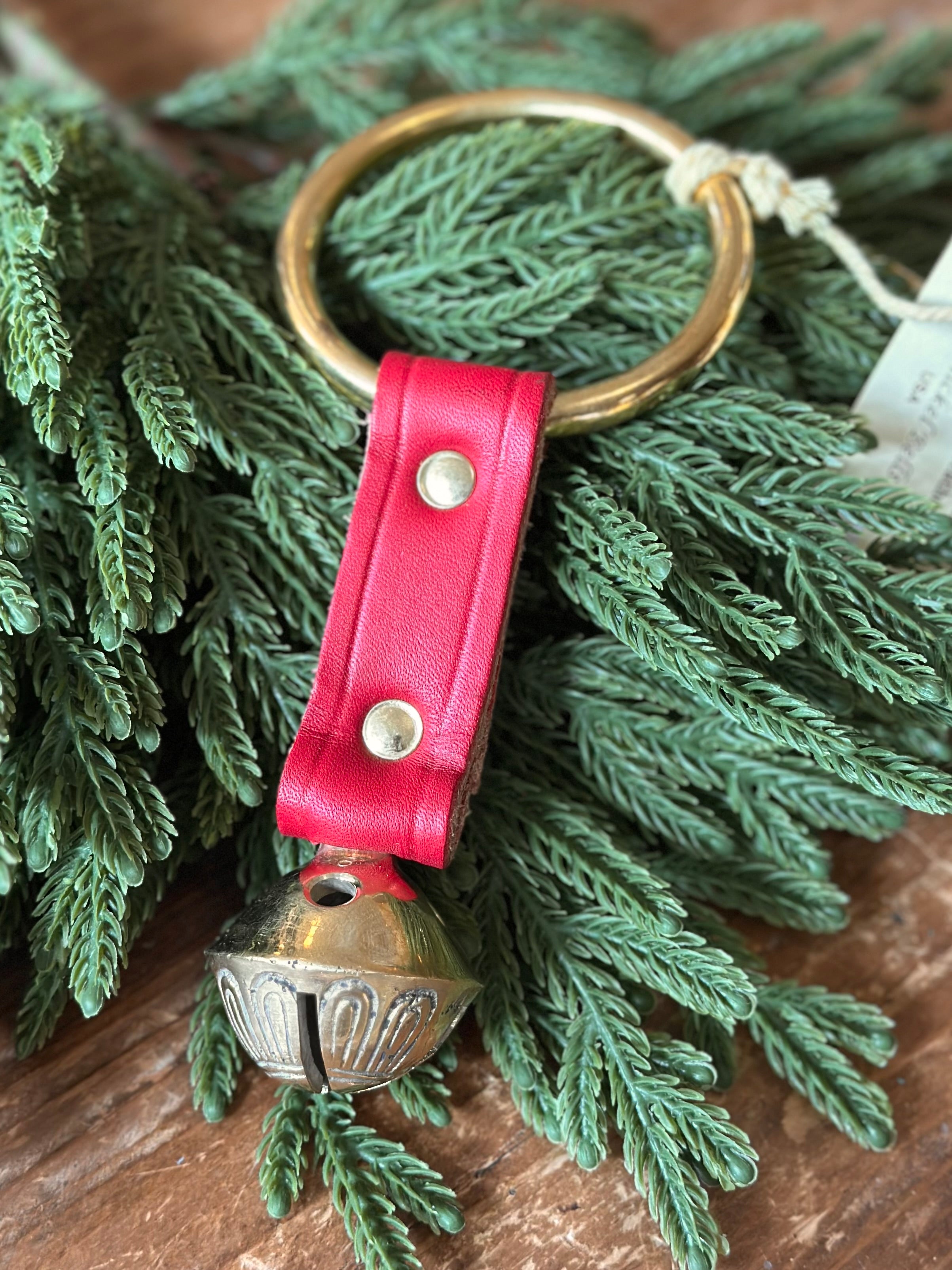 Brass Bell on Leather Strap with Ring- Red Leather