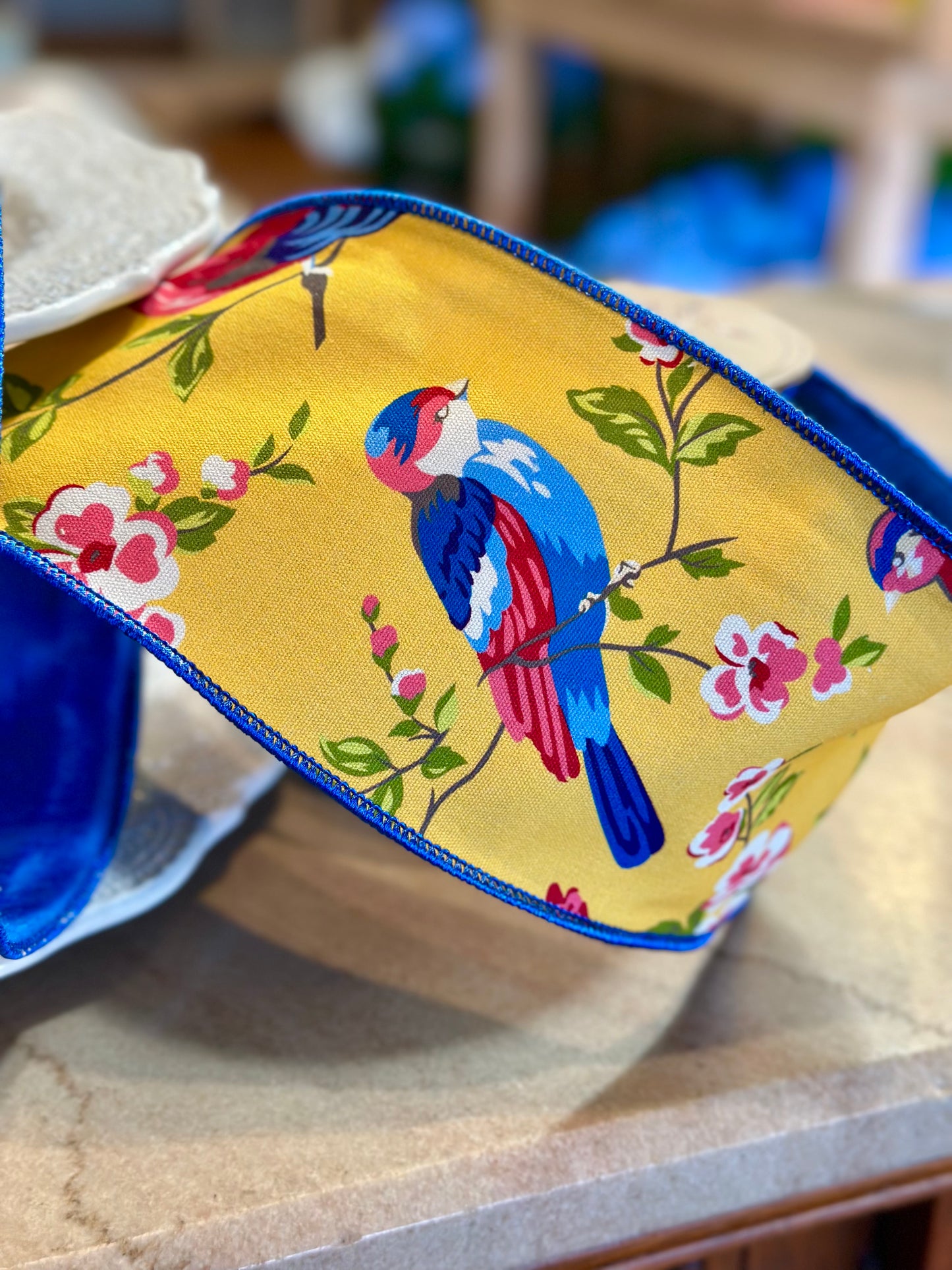 4" Wide, canvas blue birds cherry blossom, golden yellow pink blue