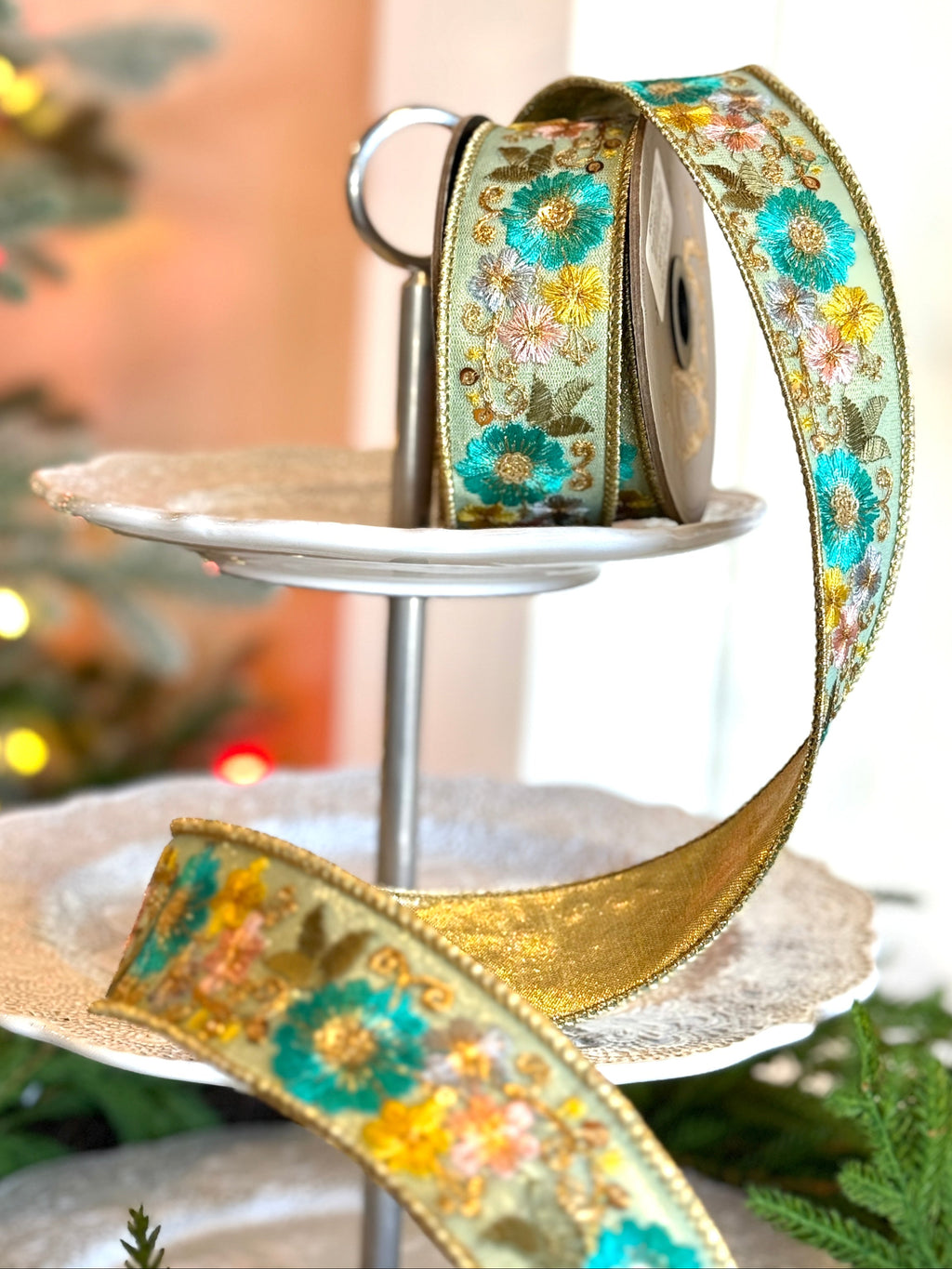 1.5" wide, metallic dupion blue pink yellow embroidery flowers, dusty blue