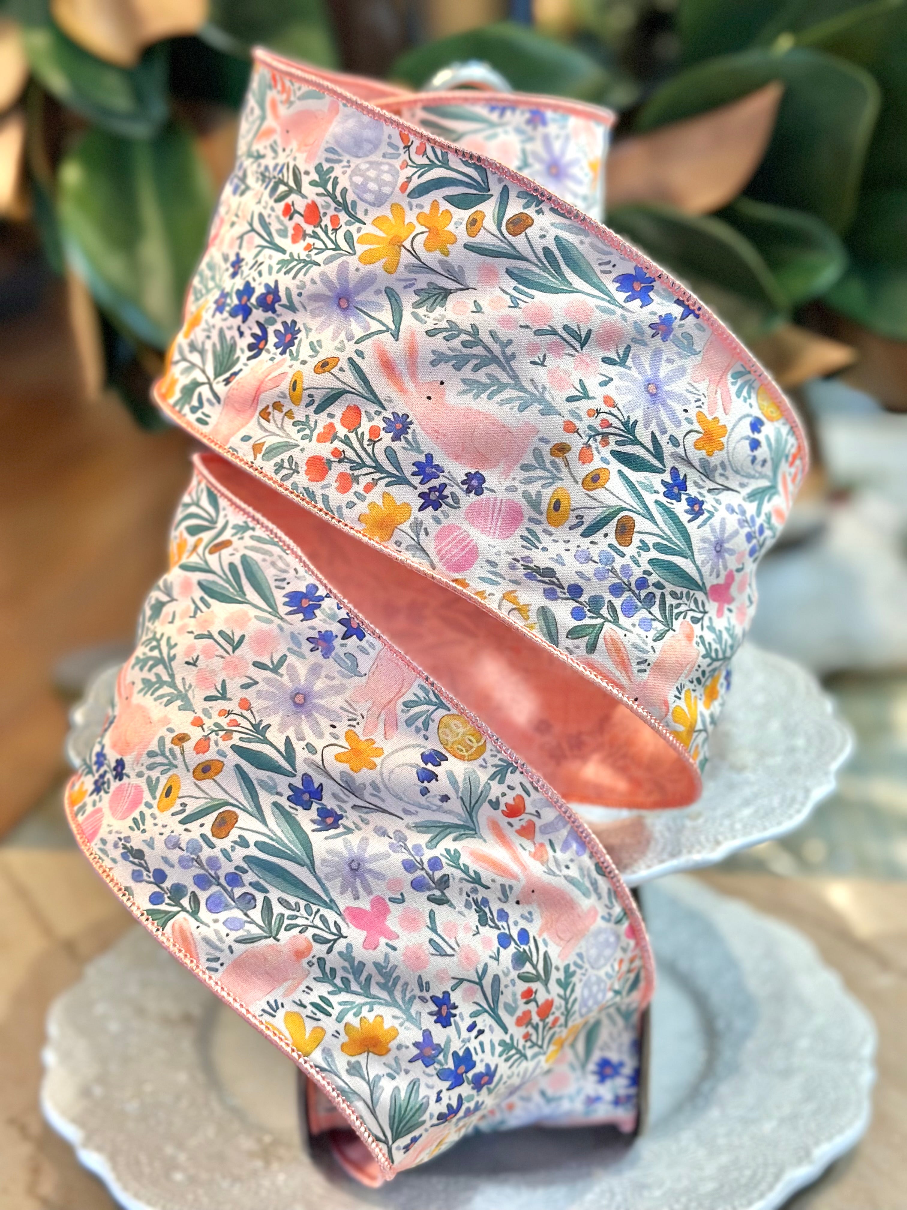 4" Wide, poplin watercolor floral bunny, cream peach blue