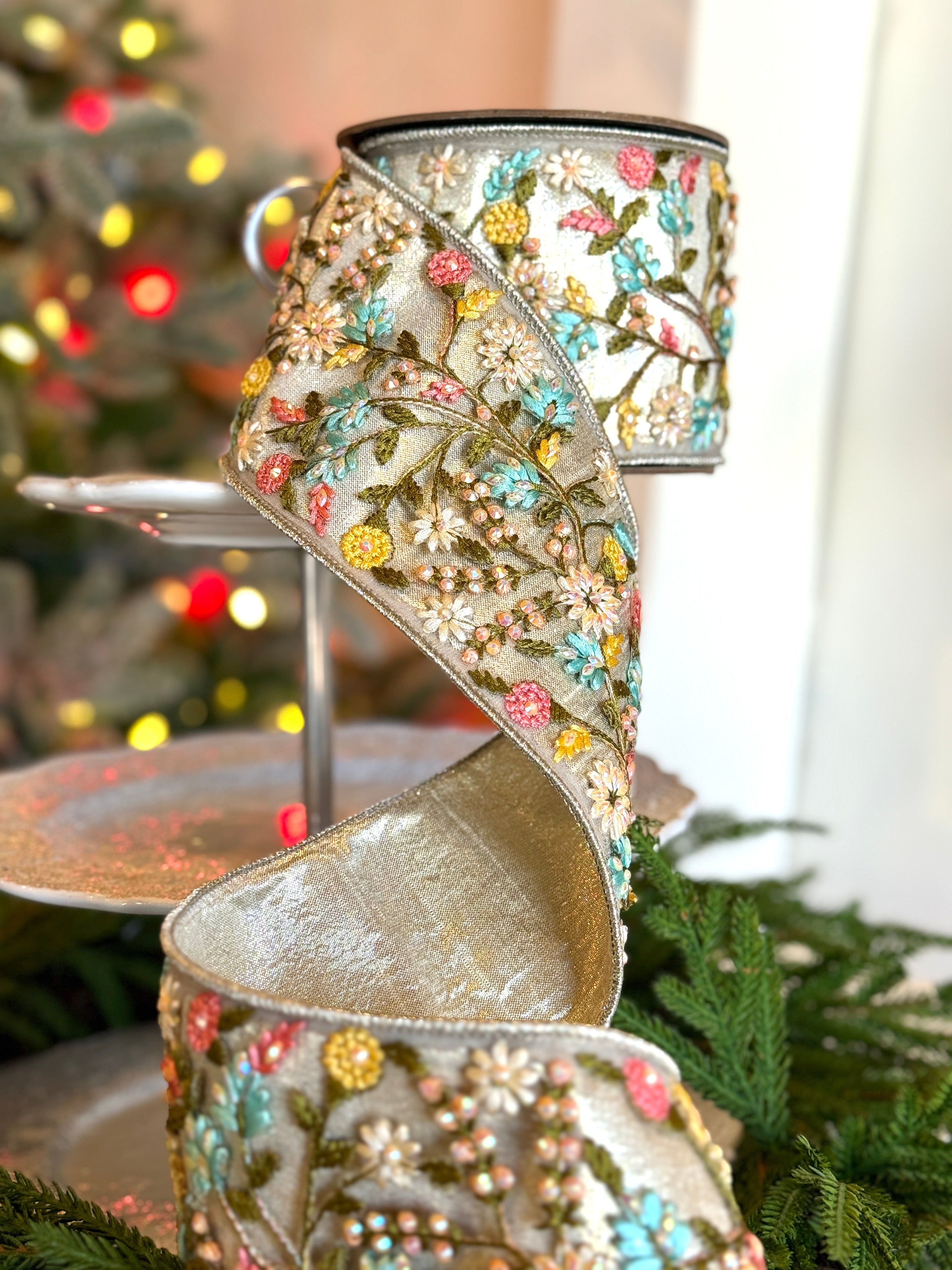 3.75" Wide metallic dupion jewel floral applique, platinum pink blue