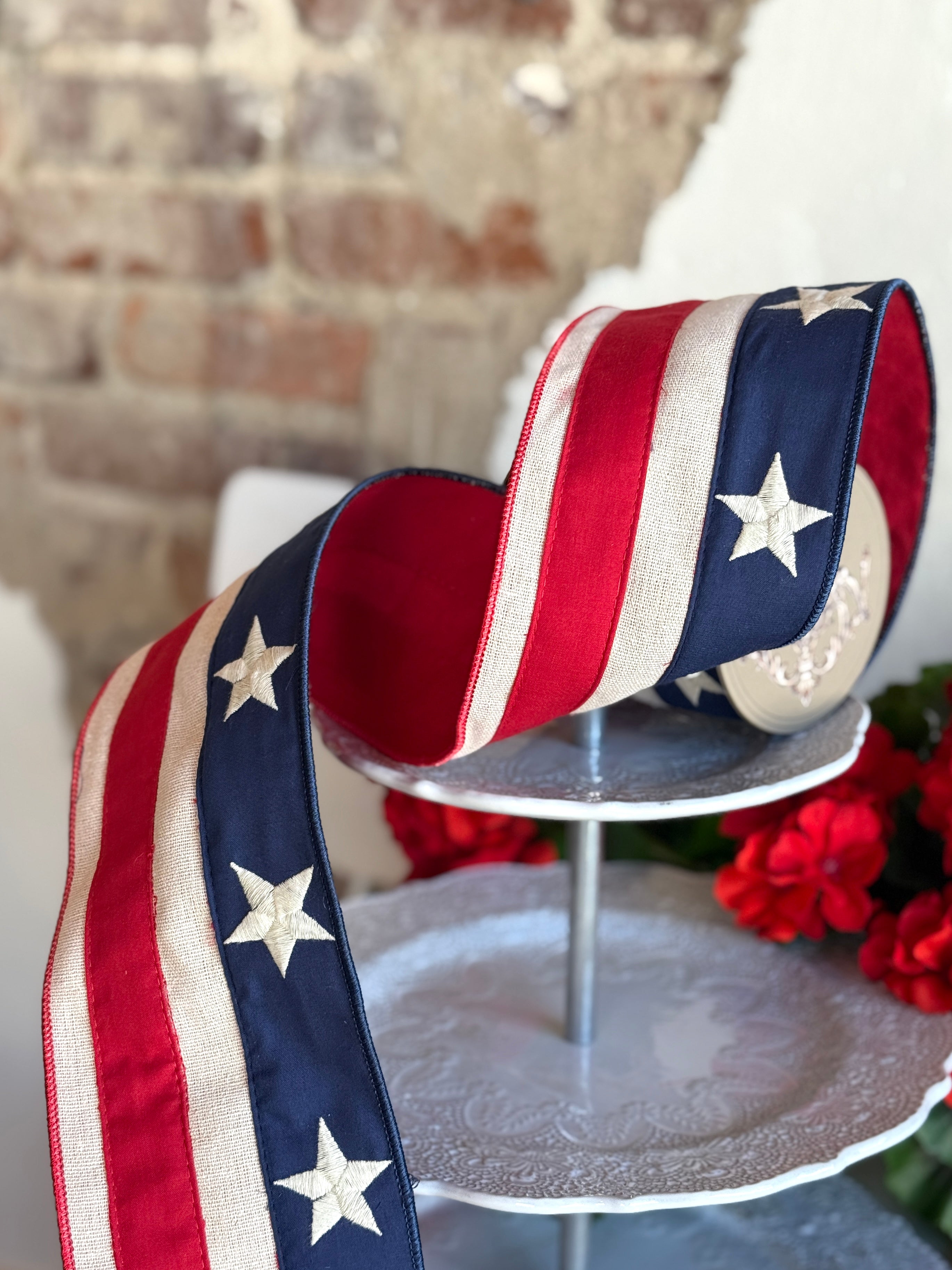 4" canvas embroidery stars red natural strip, red navy blue - 250