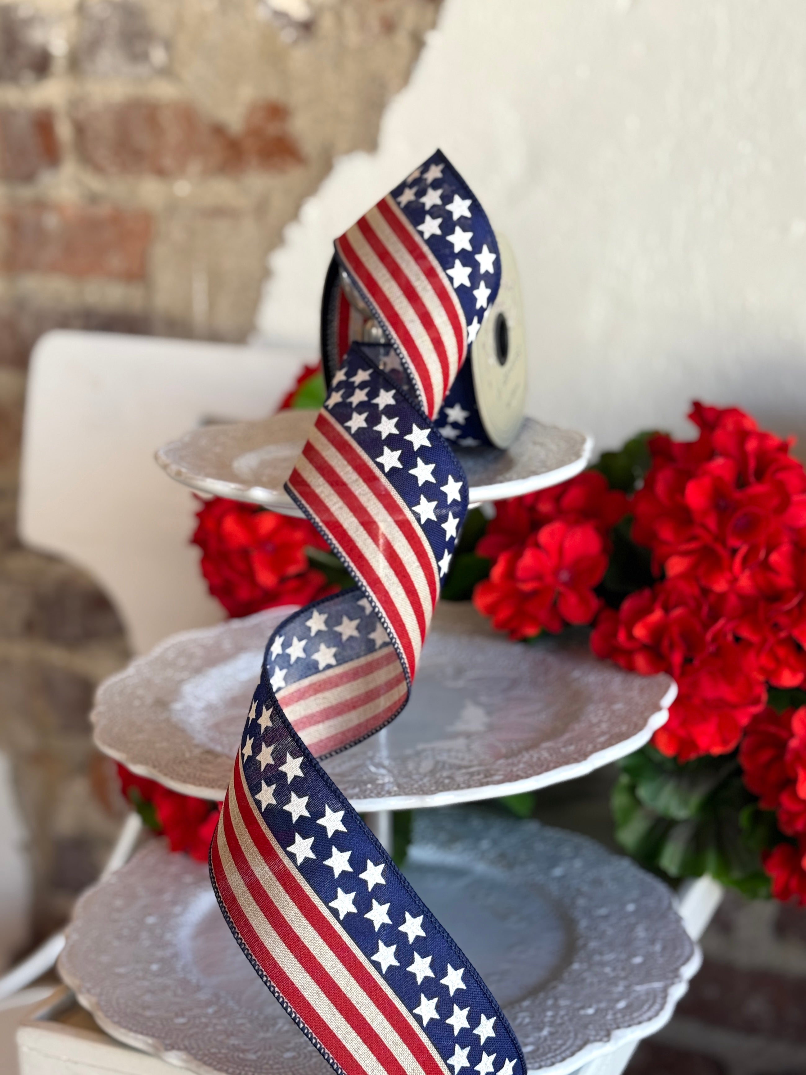 2.5" faux linen american flag, red natural blue