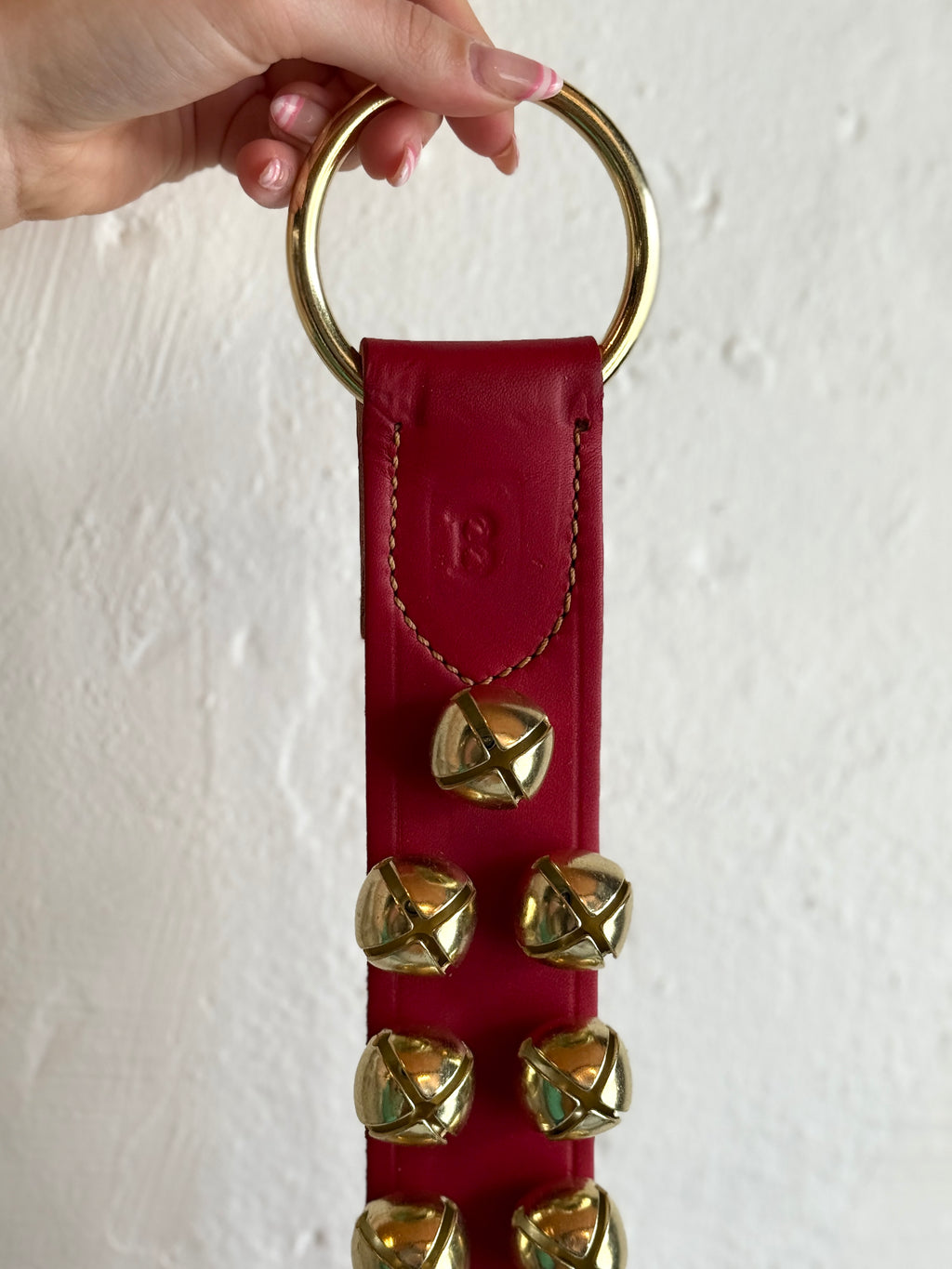 Belsnickel - 16” 2 Row Brass-Plated Bells, Red Leather with Ring