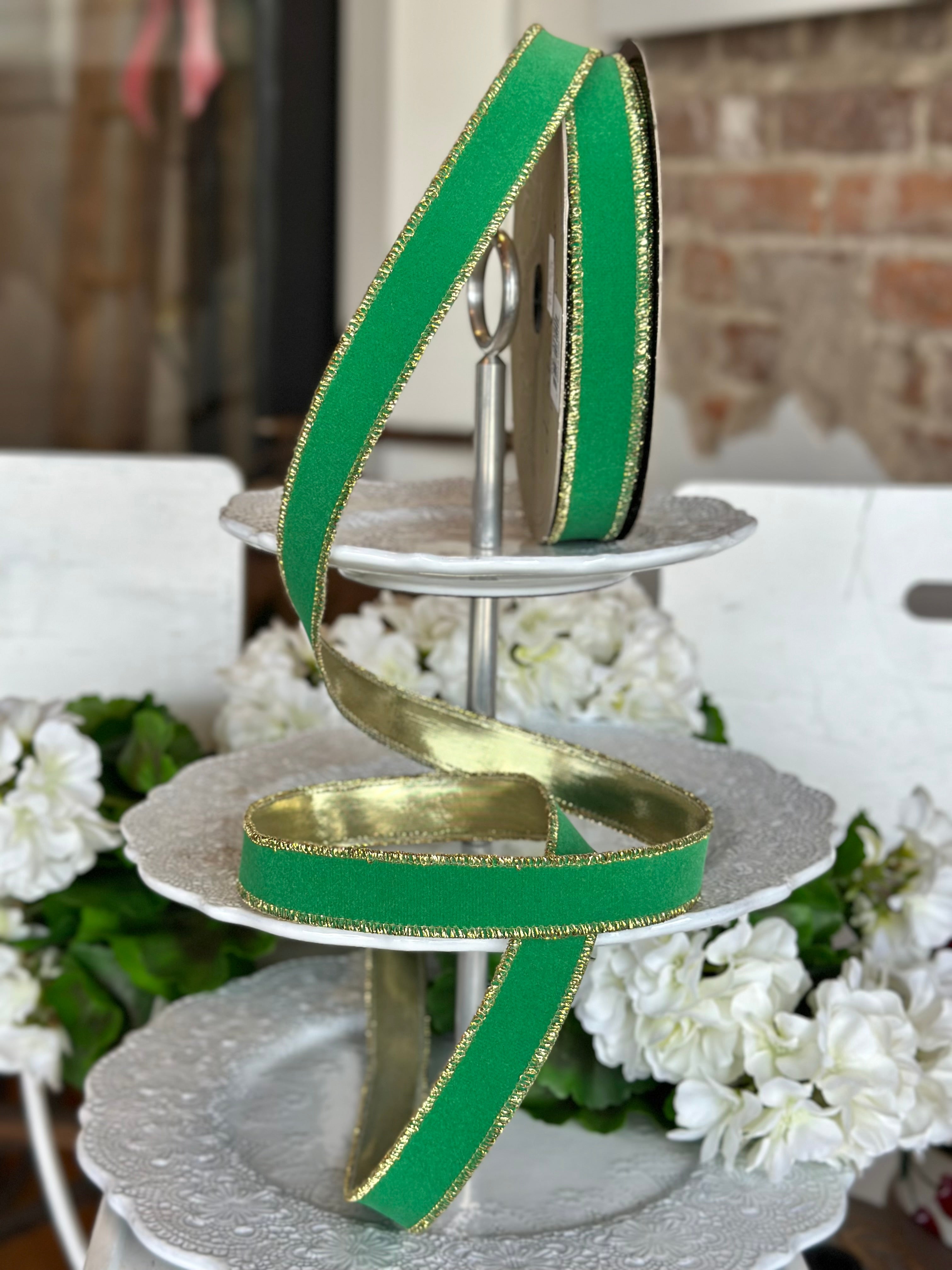 1" wide, flocked velvet metallic gold back, kelly green
