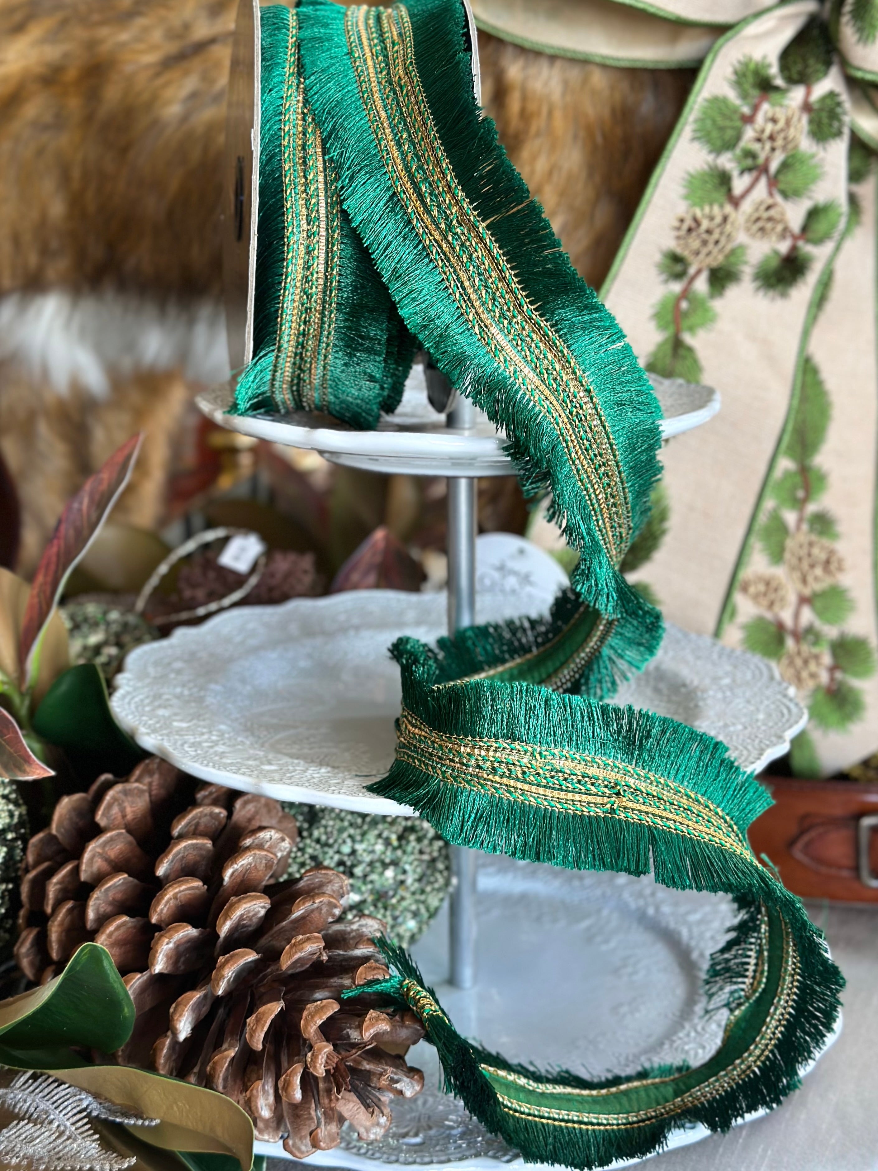 2.5”×10 yds fringe trim, green