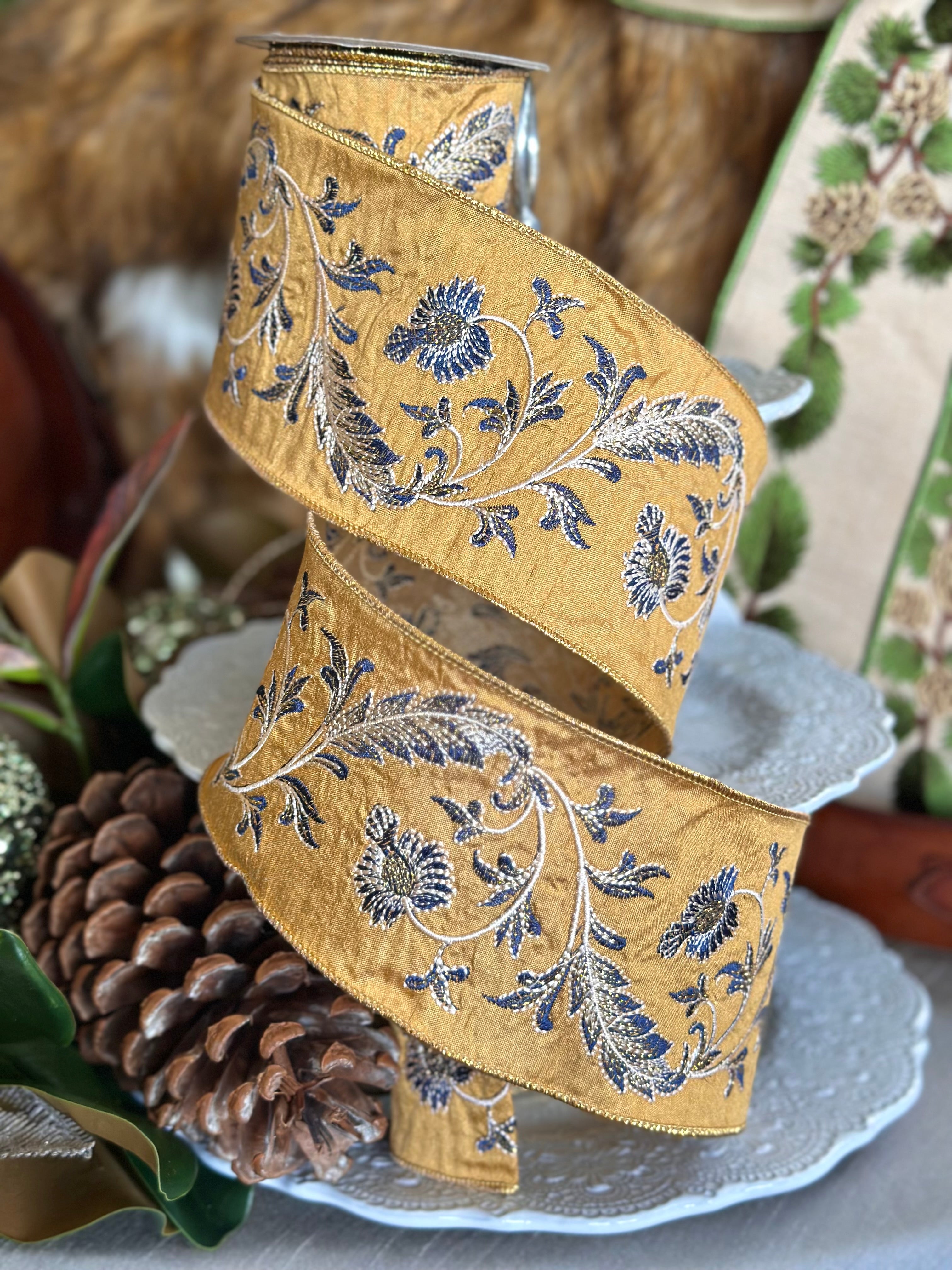 4" Dupion Embroidery Navy Blue White Floral, Gold
